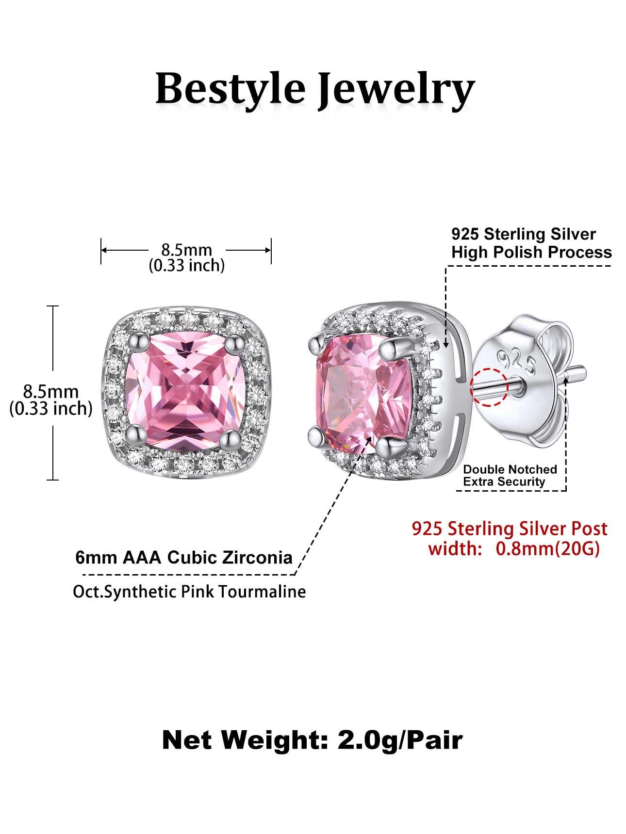 Bestyle Emerald Cut Pink Gemstone Tourmaline Earrings White Gold Vermeil Sterling Silver Sparkle Small Silver Studs Birthstone Earrings for Women Mothers Day Gifts for Wife Mom