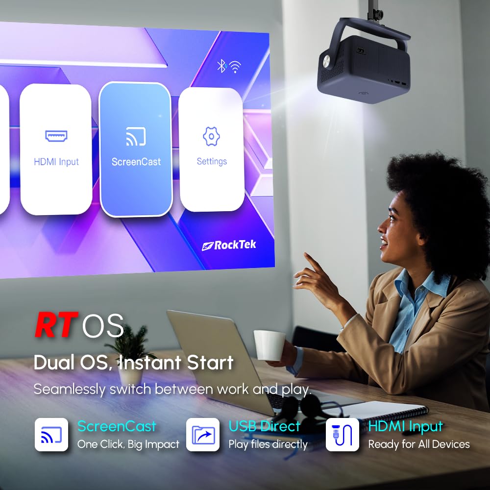 RockTek PJ400 Official Licensed Google TV Dongle Box Smart Projector 4K Supported, Native 1080P, Netflix Disney+, Mini Portable Home Theater Projector with WiFi 6 Bluetooth, Auto Focus/Keystone, HDMI