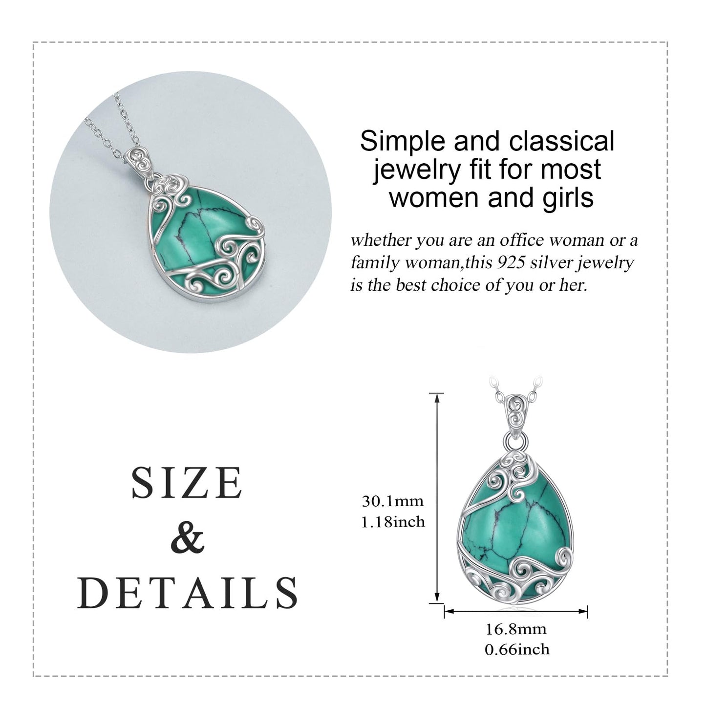 YAFEINI 925 Sterling Silver Turquoise Necklace Filigree Teardrop Pendant Necklace Turquoise Jewelry for Women (Q-Turquoise)
