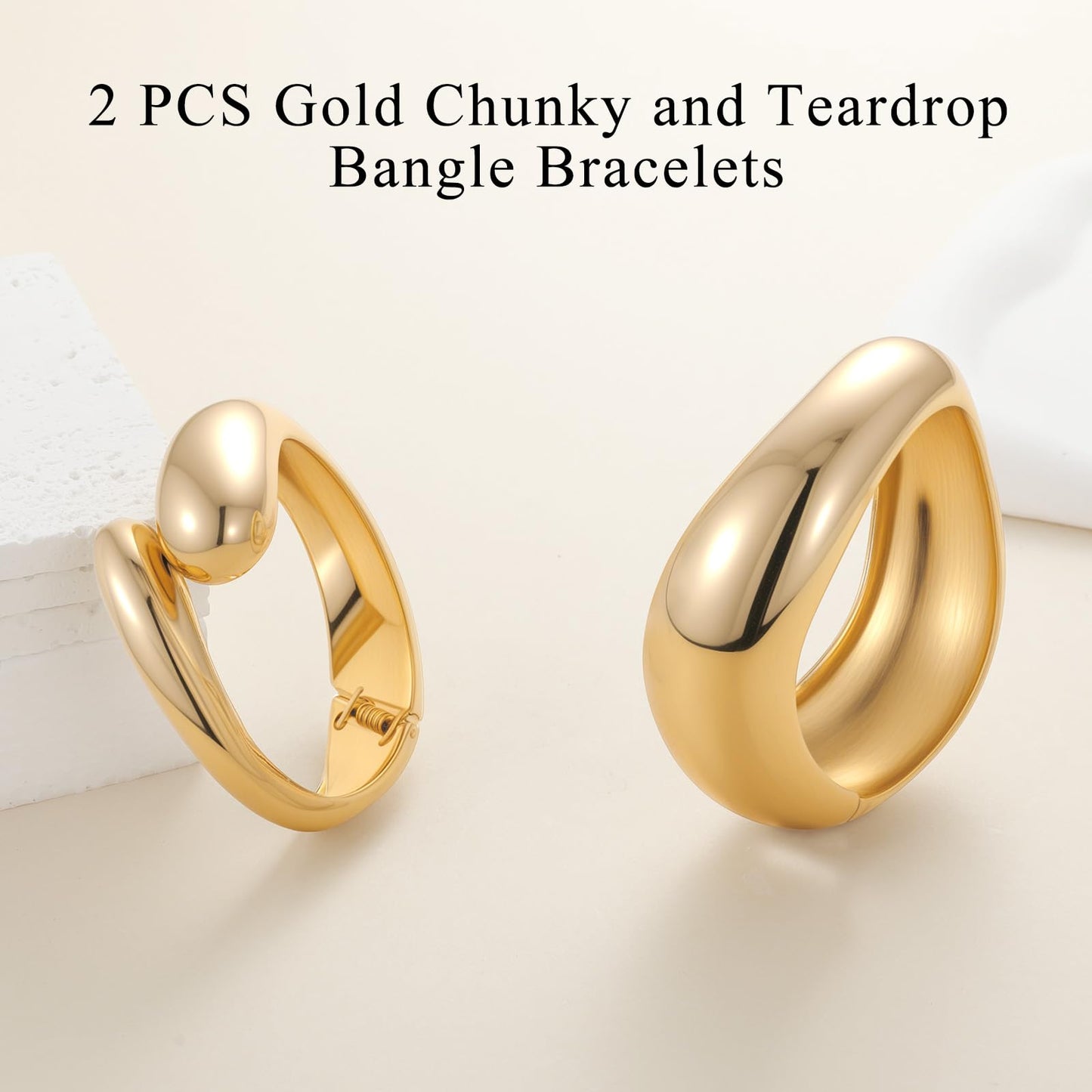 Yowivon Gold Bangles for Women, 2PCS Teardrop Chunky Gold Bracelet Set, Hinged Bangle Bracelets Stack for Women, Non Tarnish Bold Wrist Cuff, Trendy Jewelry Gifts for Christmas Valentine Birthday