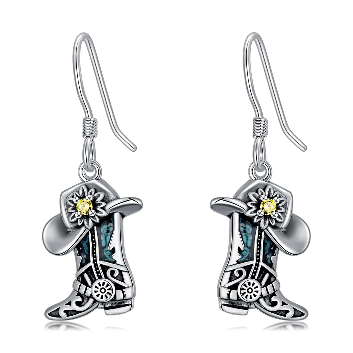 KoyeKei Cowboy Boot Earrings for Women 925 Sterling Silver Cowgirl Hat Texas Boot Dangle Drop Earrings Western Turquoise Cowboy Carter Jewelry Country Boho Gifts for Daughter Wife