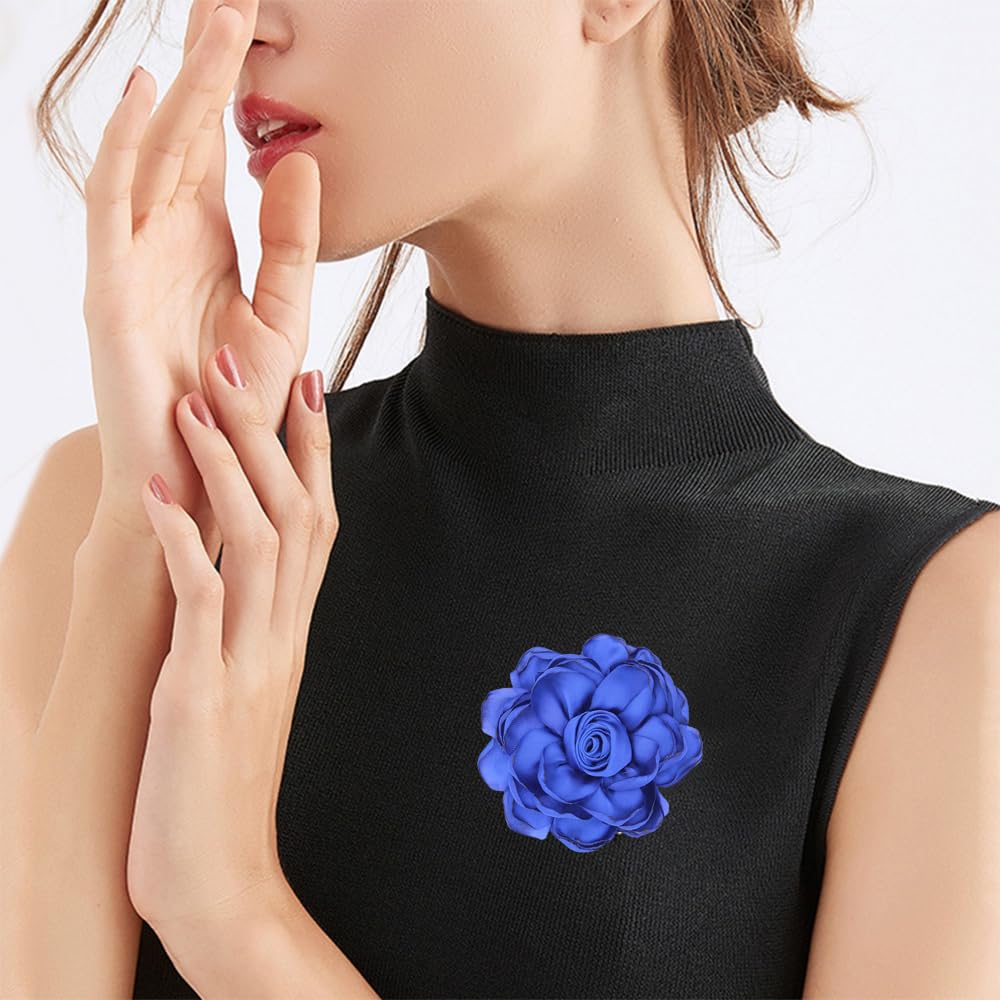 Elegant Large Cloth Flower Brooches Big Camellia Flower Pin for Women Dainty Cloth Fabric Rose Brooches Dress Skirt Scarf Hat Pins Clothing Decoration Accessories (Blue A)