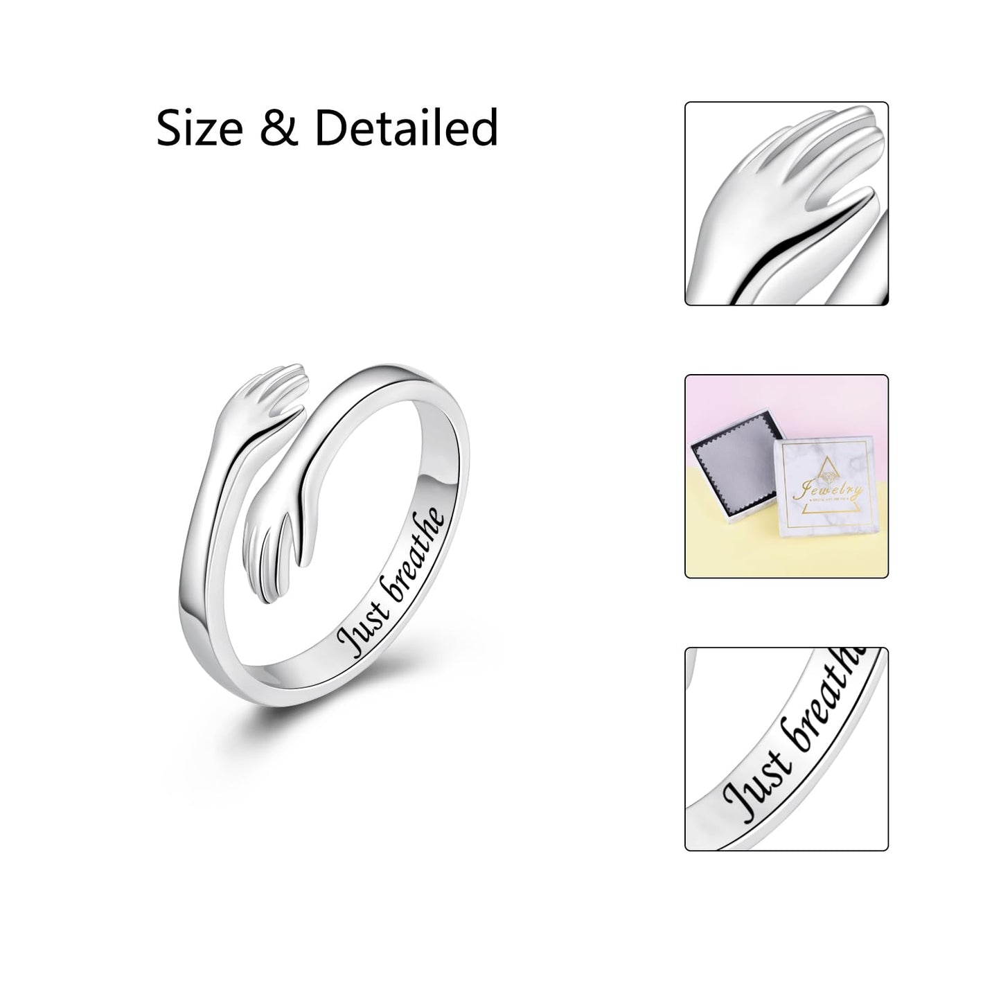 ACJFA Hug Rings for Women Sterling Silver Adjustable Ring for Women Daughter Hand Ring Jewelry for Birthday Gifts Holiday Gift for Teens(Just breathe)