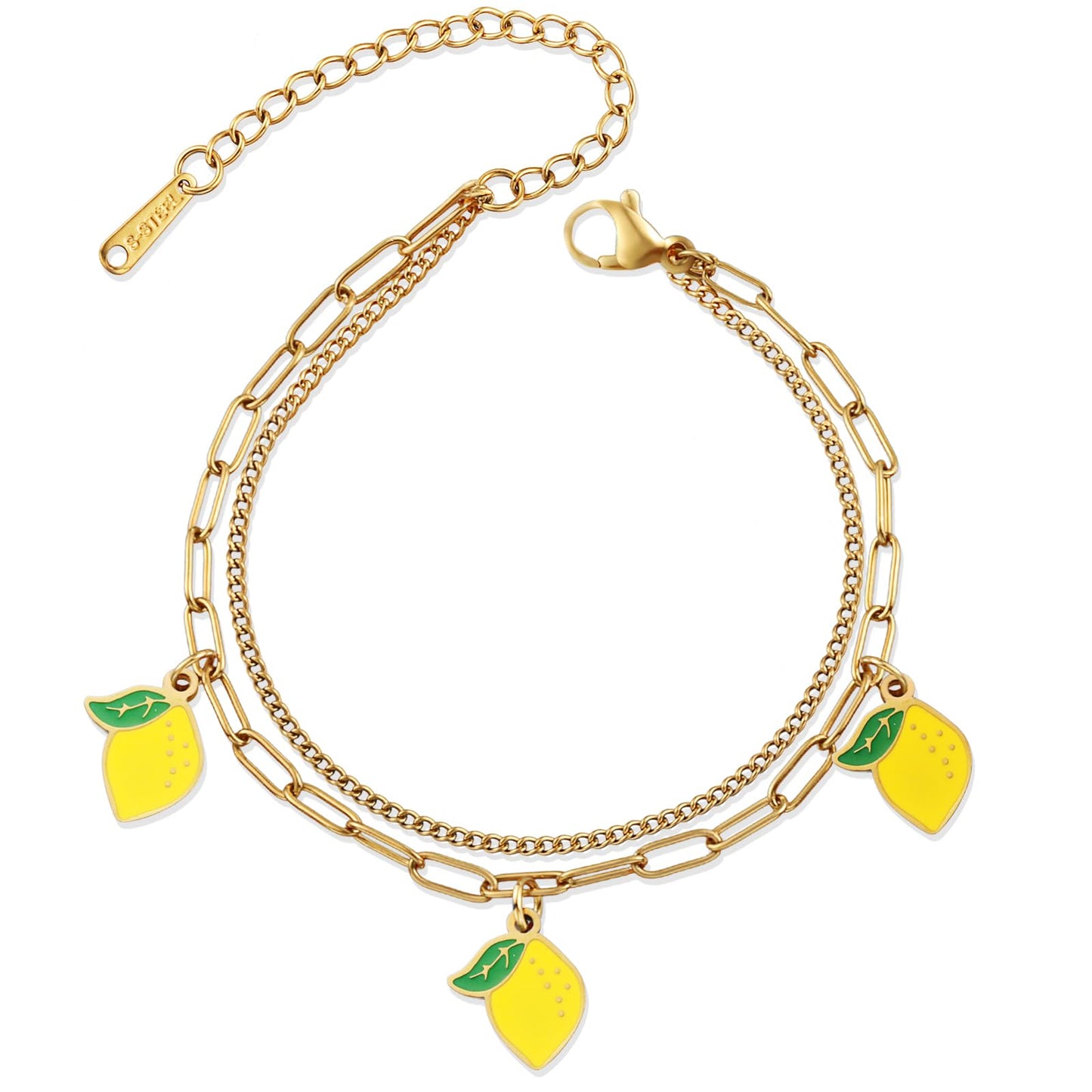LCTrusttmor Gahna Summer Jewelry Gifts for Women, 18K Gold Plated Lemon Bracelet with Fruit Charms, Dainty Layered Chain Link Adjustable Bracelets Gift for Her