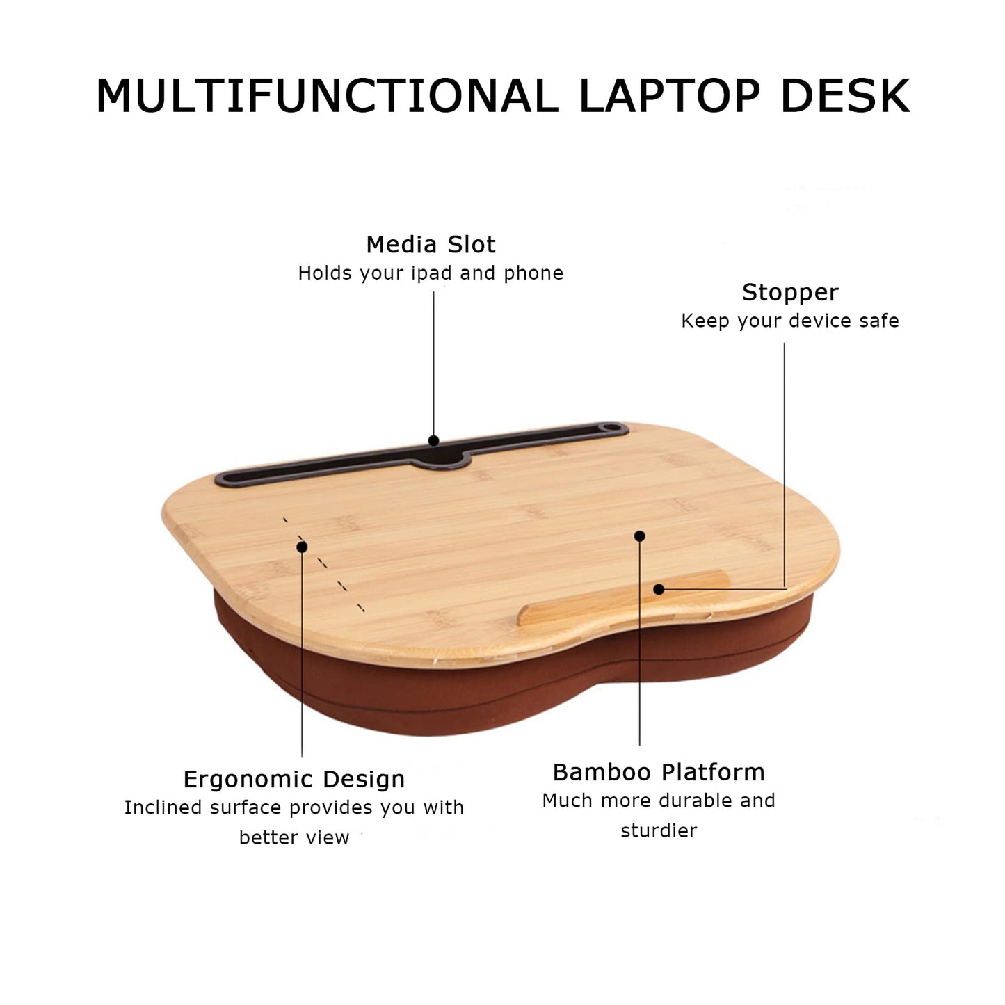 SUMISKY Lap Desk for 14" Laptops-Bamboo Laptop Desk with Cushion & Phone Holder, Portable Laptop Stand with Tray, 15x11 Inches