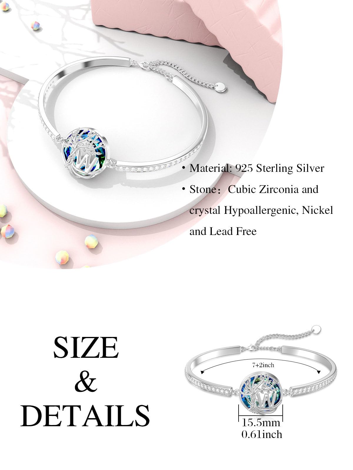 TOUPOP Tree of Life Bracelet Sterling Silver Initial W Letter Bangle Bracelet Family Tree Blue Crystal Jewelry Mothers Day Birthday Gifts for Women Mom Wife