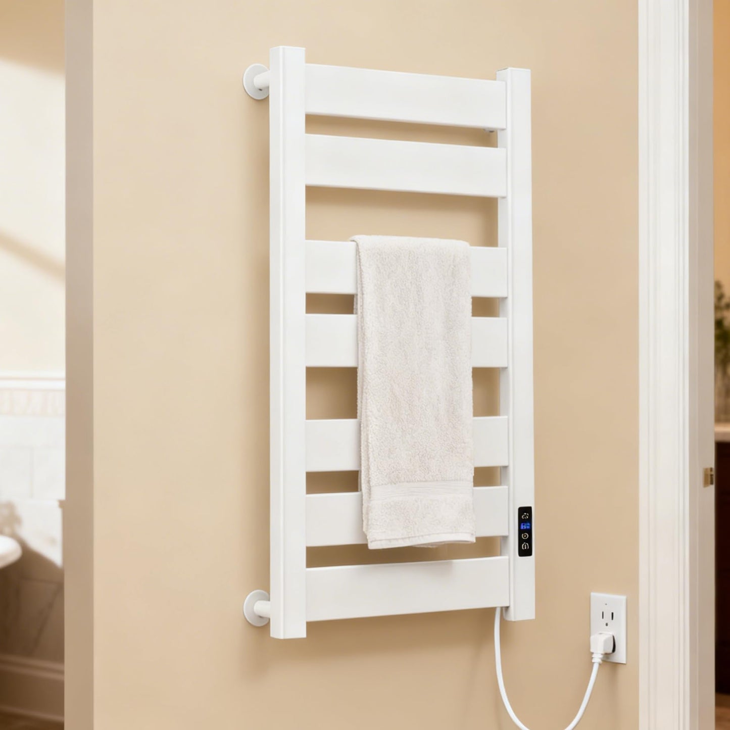 Towel Warmer Rack, Heated Towel Rack for Bathroom, Wall-Mounted Plug (Not Hardwired), Aluminum alloy/7 large area heating rods, With Timer and Temperature Adjustment, Overheat Protection Function