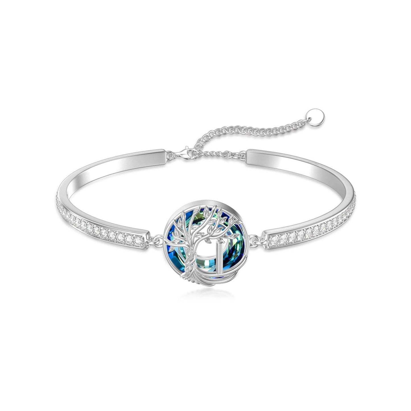 TOUPOP Tree of Life Bracelet Sterling Silver Initial I Letter Bangle Bracelet Family Tree Blue Crystal Jewelry Mothers Day Birthday Gifts for Women Mom Wife