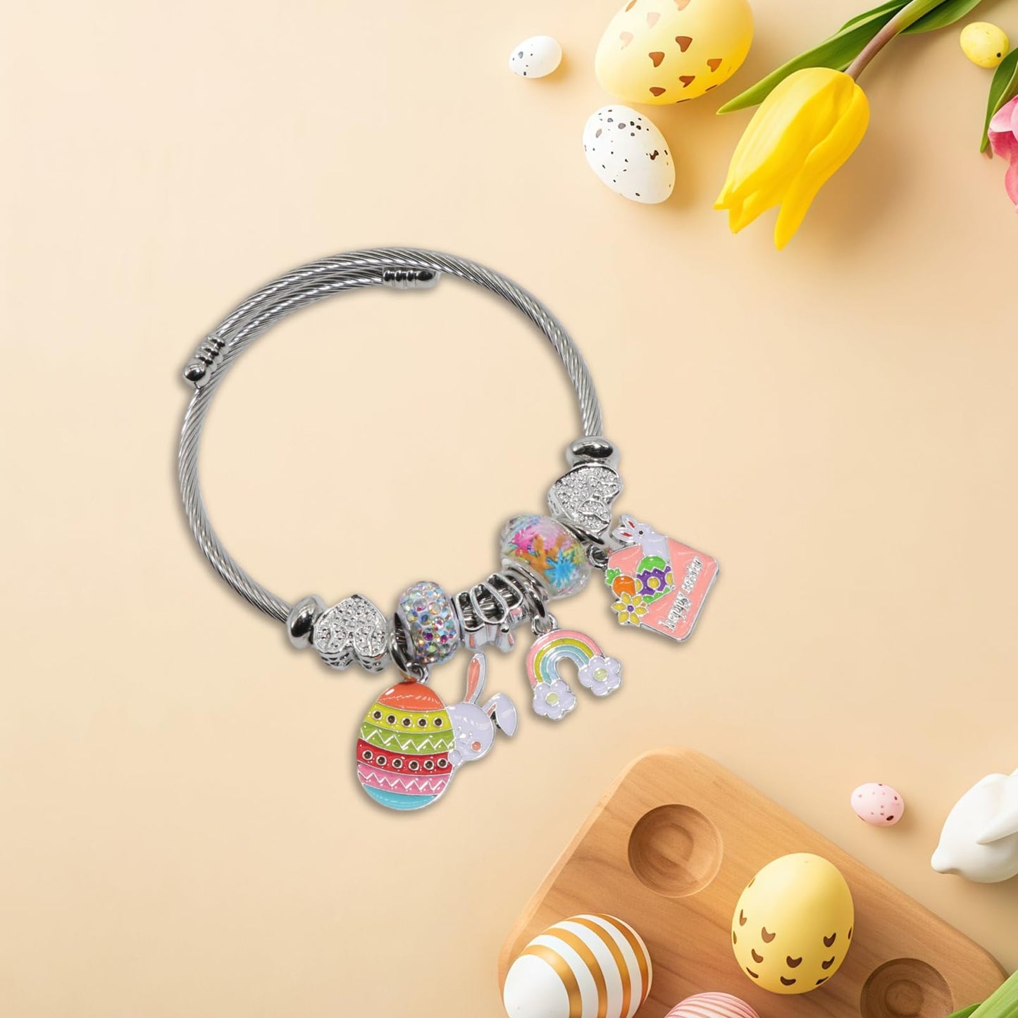 IUULOB Easter Silver Women Bracelets - Adjustable Charm Bracelets for Women Birthday Gifts Favors Titanium Steel Bracelet Bundle Jewelry Kit, Party Favors and Classroom Prize Supplies