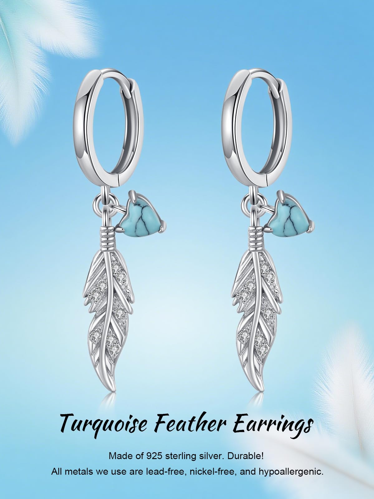 Turquoise Earrings 925 Sterling Silver Feather Dangle Earrings Native American Jewelry Western Vintage Gifts for Women