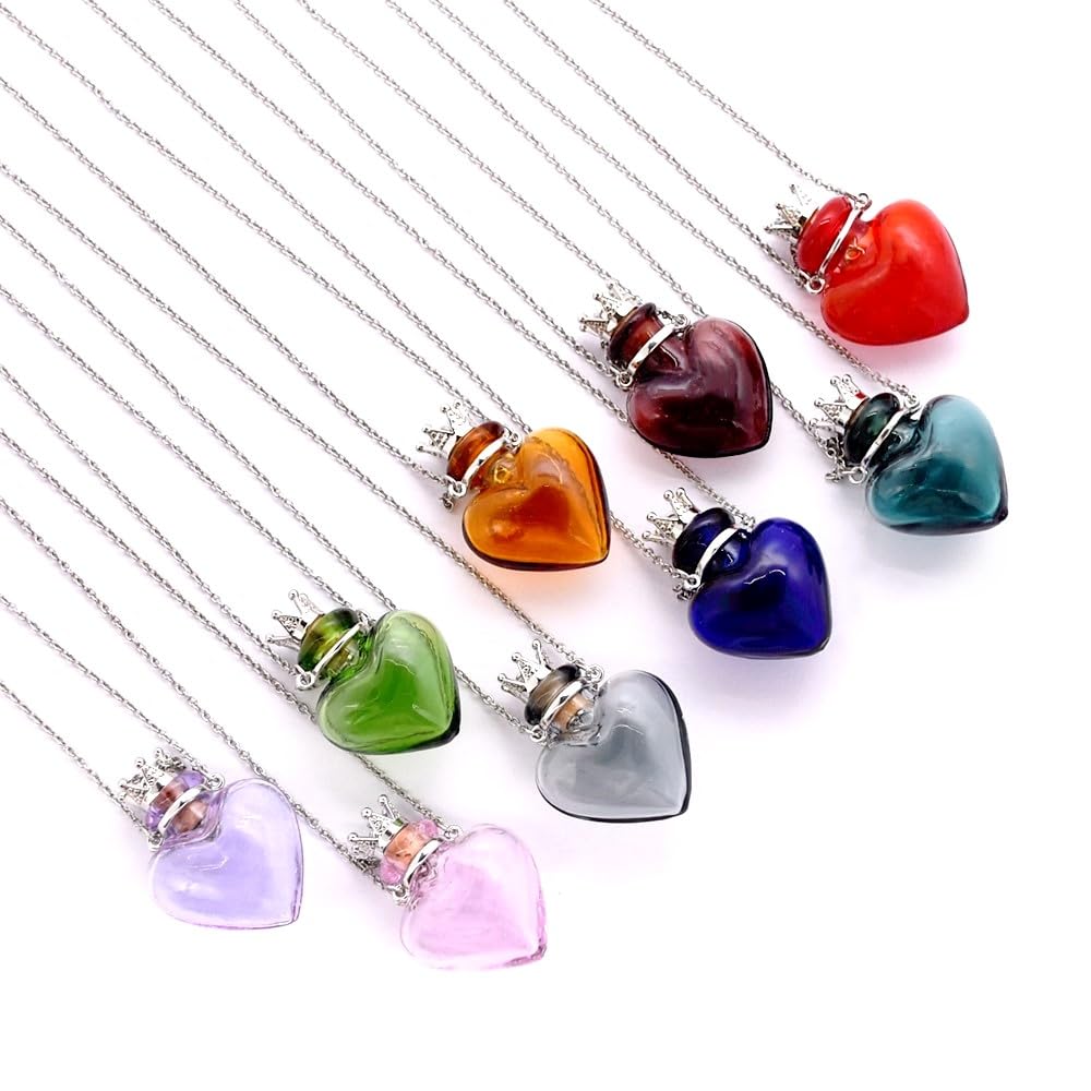 Glaze Glass Heart-Shaped Refillable Essential Oil Necklace Pendant - Aromatherapy Perfume Diffuser Pendant with Stainless Steel Chain (Red)