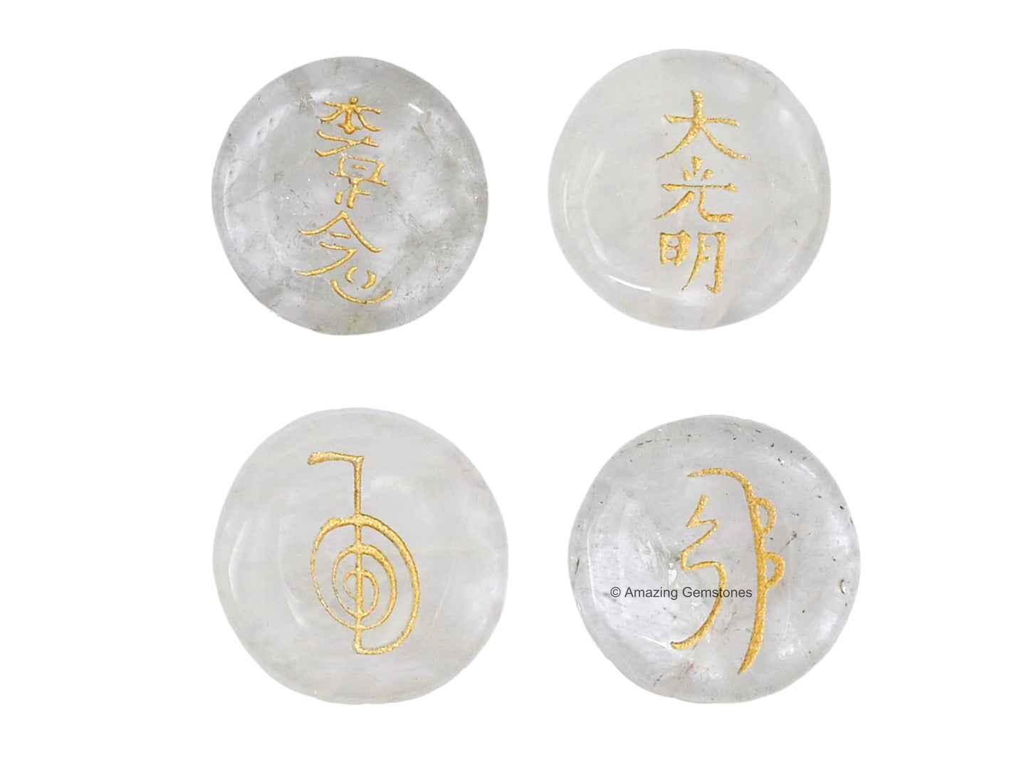 Amazing Gemstone Clear Quartz Crystal Reiki Stones with Engraved Symbols for Usui Reiki Healing, Set of 4 Pcs (Indian Handmade Reiki Gift Set)