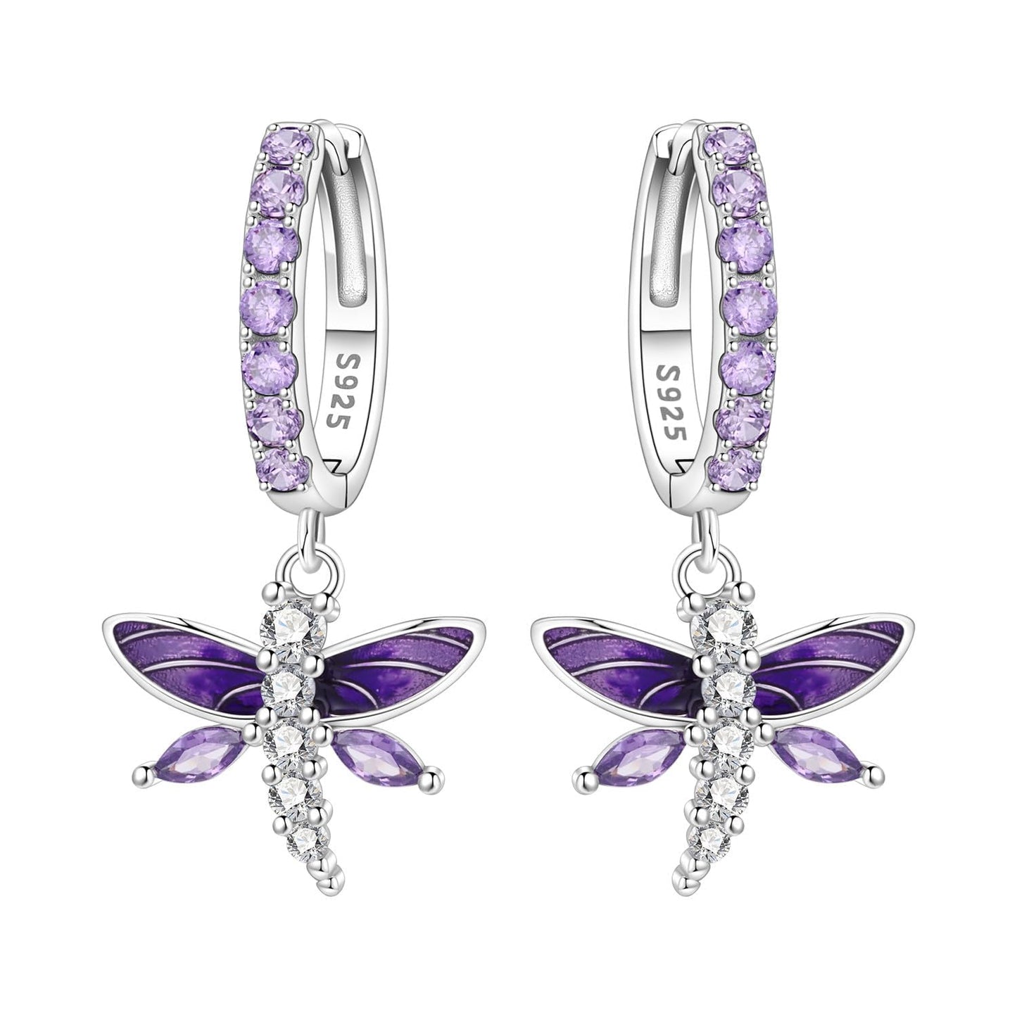vireau 925 Sterling Silver Drop Earrings Dragonfly Flower Moon Star Dangle Earrings Hypoallergenic Sterling Silver Earrings Jewelry for Women (Purple Dragonfly)