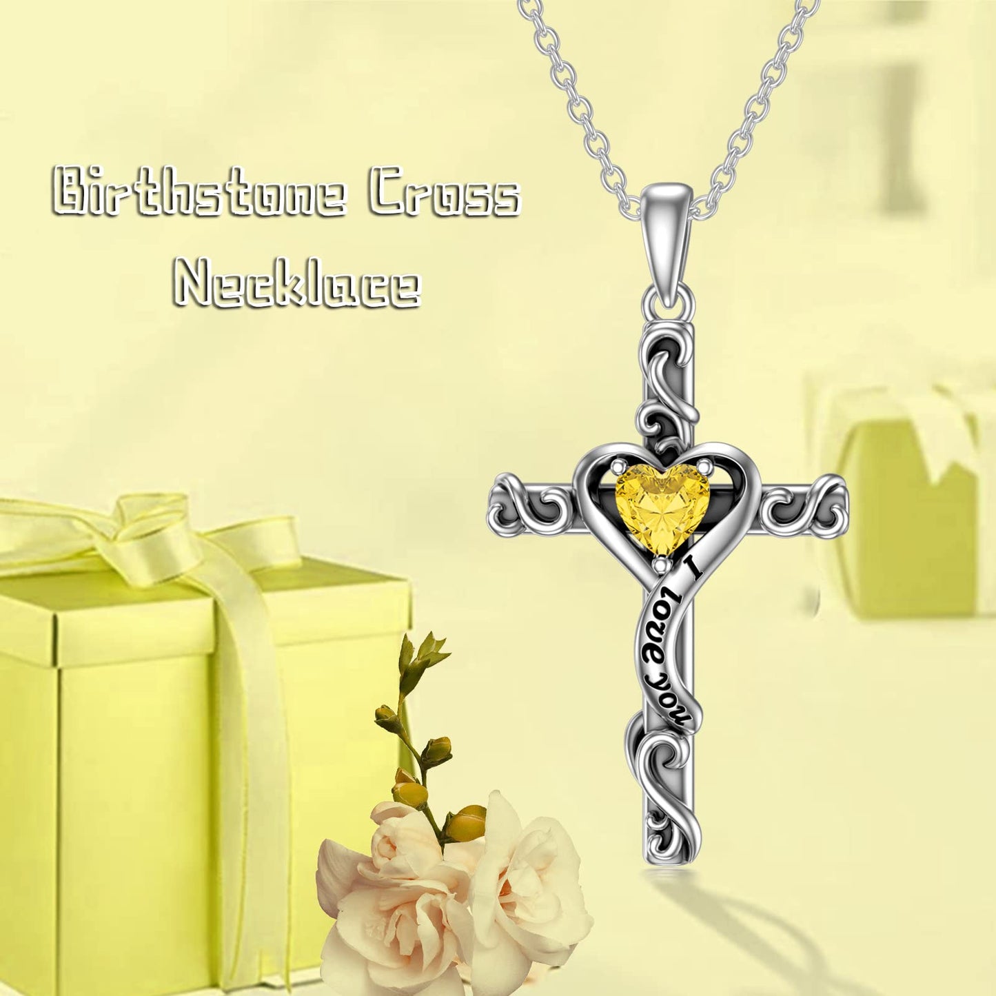 TOUPOP Citrine Cross Necklace for Women Sterling Silver November Birthstone Cross Pendant Necklace Heart Love Jewelry for Her Girlfriend Wife Mom Anniversary Birthday Mothers Day Gifts