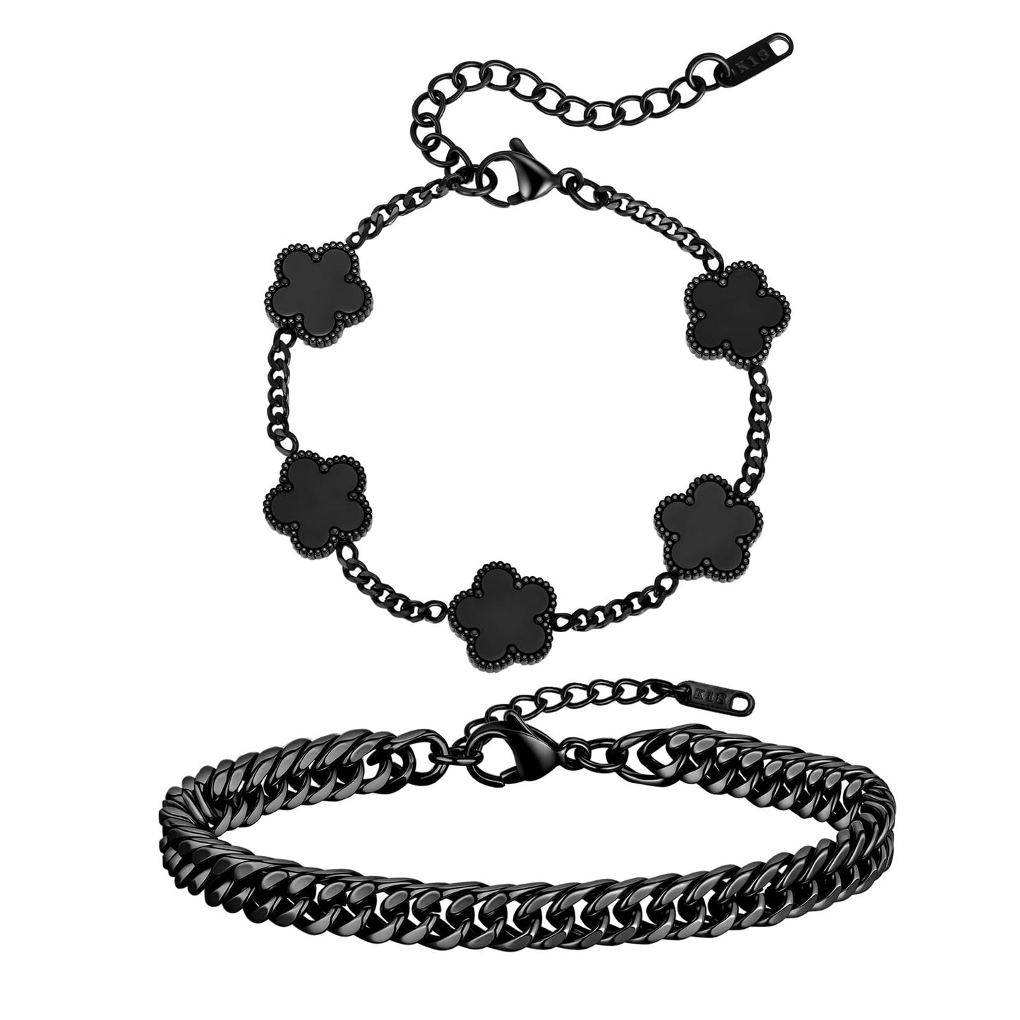 VNOX 2 PCS Floral Bracelets for Men Women -Womens Mens Stainless Steel Black Cuban Chain Link Bracelet Lucky Charm Four Clover Flower Bracelets Trendy Jewelry Gifts，B01