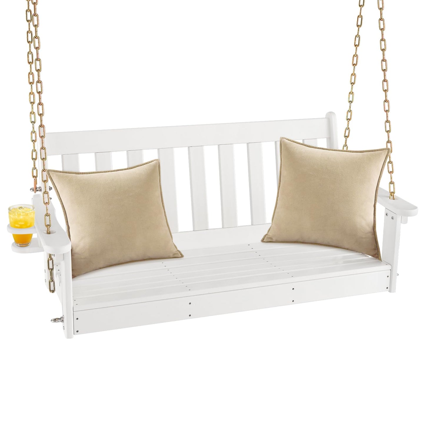 Tangkula 2 Person Hanging Porch Swing, Outdoor Bench Swing with Adjustable Chains, Hidden Cup Holder, HDPE Tree Swing Chair for Patio Backyard Deck Garden, 54 Inch