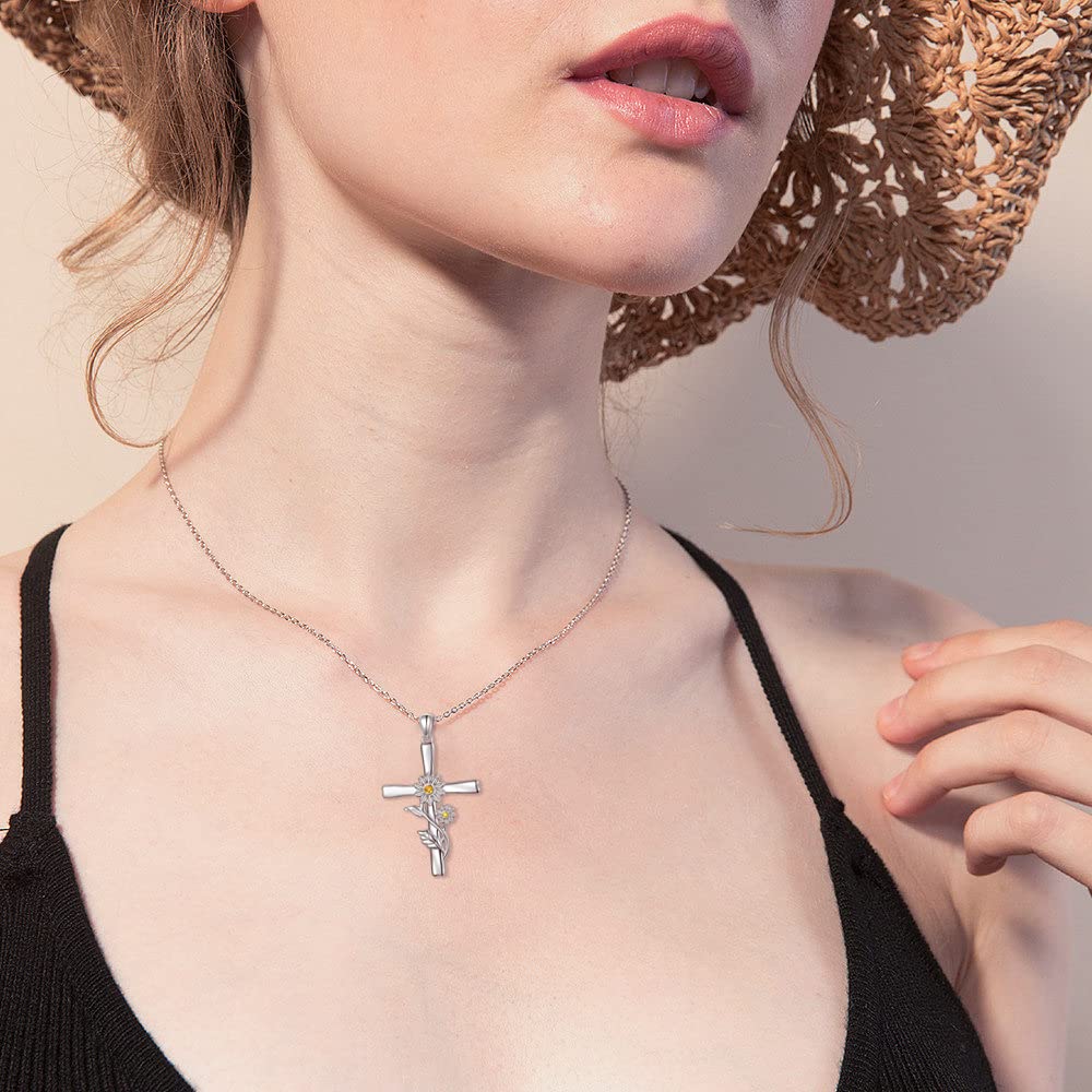 HOOHWE Daisy Cross Necklace, 925 Sterling Silver Cross Necklace Dainty White Daisy Flower Pendant Necklace Birth Month Flower Jewelry Anniversary Birthday Gifts for Women Sister Daughter Mom Wife