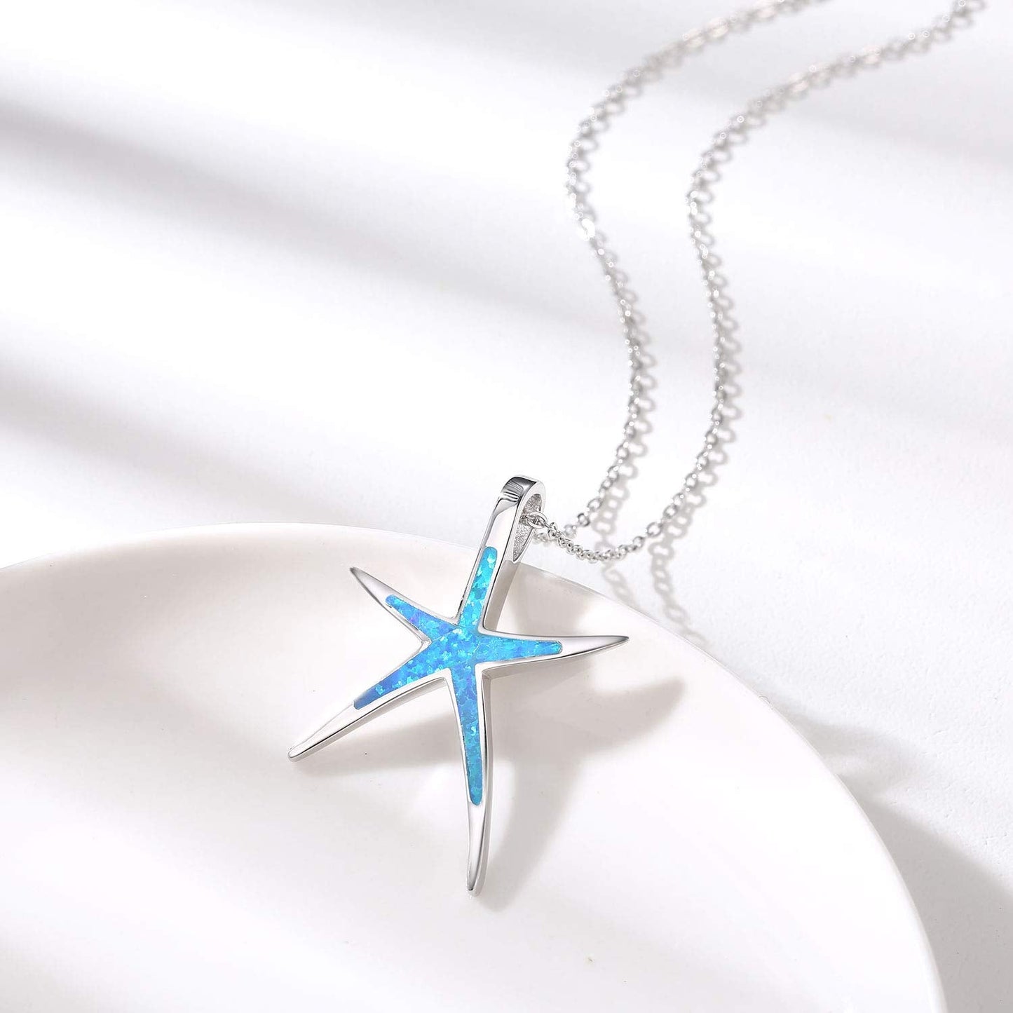 Cuoka Starfish Necklace, 925 Sterling Silver with Blue Opal, Hawaiian Beach Nautical Ocean Pendant, Starfish Jewelry Opal Jewelry for Women Girlfriend