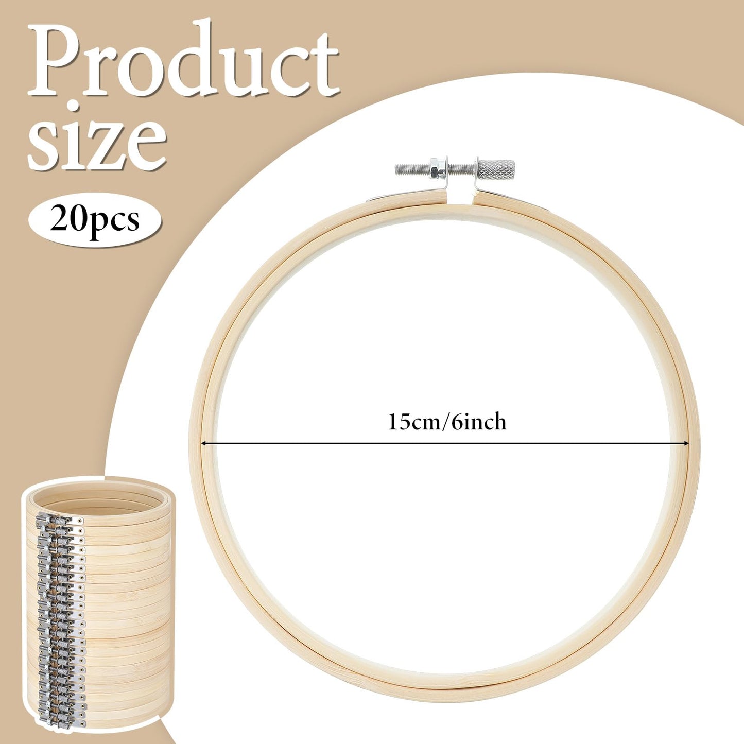 20 Pieces 6 Inch Round Embroidery Hoops Bulk Bamboo Frame Circle Cross Stitch Hoop Ring for Embroidery Art Craft Sewing
