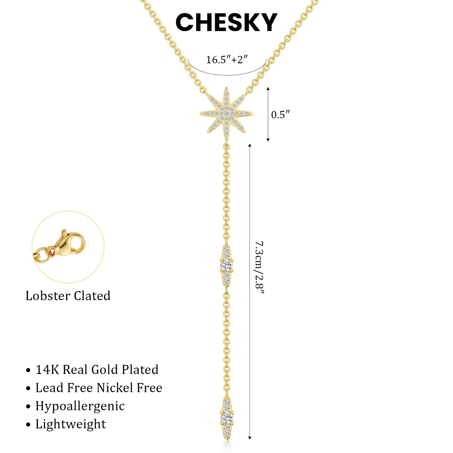 CHESKY 14K Gold Plated Long Necklace for Women North Star Layered Y Necklace Dainty CZ Star Pendant Drop Sparkle Trendy Jewelry