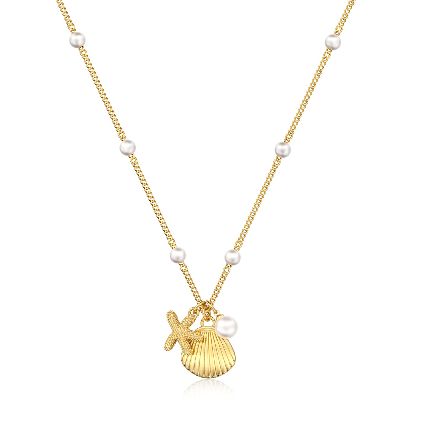 Picuzzy 14K Gold Plated Starfish Seashell Pendant Necklace for Women Trendy, Sea Star Fish Shell Beach Necklace Ocean Coastal Tropical Nautical Vacation Summer Jewelry Pearl Accessories for Women
