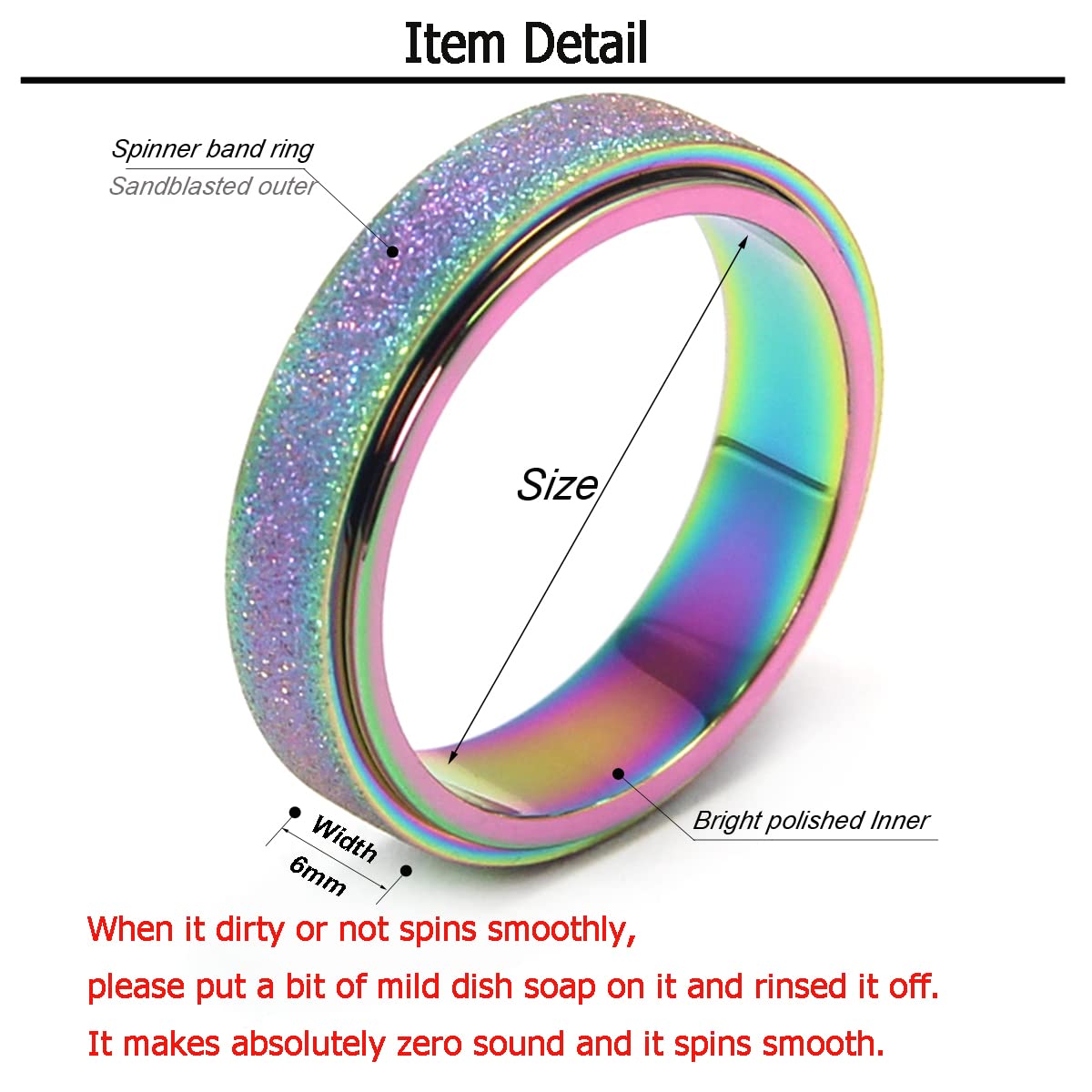 OreilleStar Anxiety Ring, Titanium Stainless Steel Fidget Spinner for Women and Men Rainbow Size 7 (Rainbow-Width 6mm, 7)