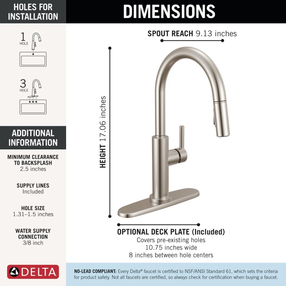Delta Faucet Nicoli Kitchen Faucet with Pull Down Sprayer, Modern Brushed Nickel, Single Hole, Stainless Steel 19867LF-SS