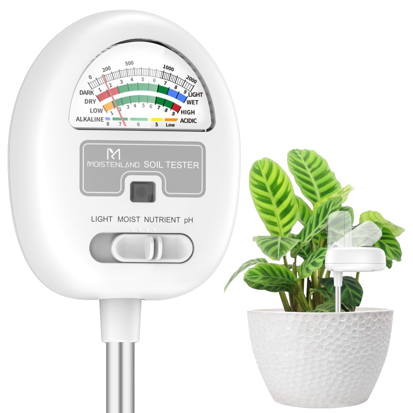 [Upgraded] Soil Moisture Meter, 4-in-1 Soil pH Tester, Moisture/Light/Nutrients/pH Meter for Gardening, Lawn, Farming, Indoor & Outdoor Plants Use, No Batteries Required, Gifts for Plants Lover