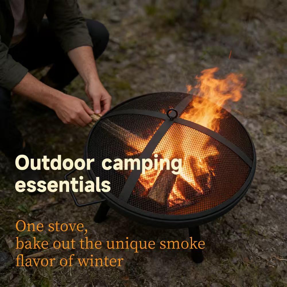 23inch Portable Fire Pit with Fire Poker and Spark Screen, 2 in 1 Small Round Outdoor Fireplace for Outside Heating, Bonfire Party, Camping, Backyard, Patio, Garden, RV Trip