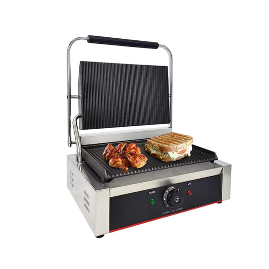 Commercial Panini Press With Grooved Grill Sandwich Maker Machine Electric Contact Grill Single (Large Grooved Top&Bottom)