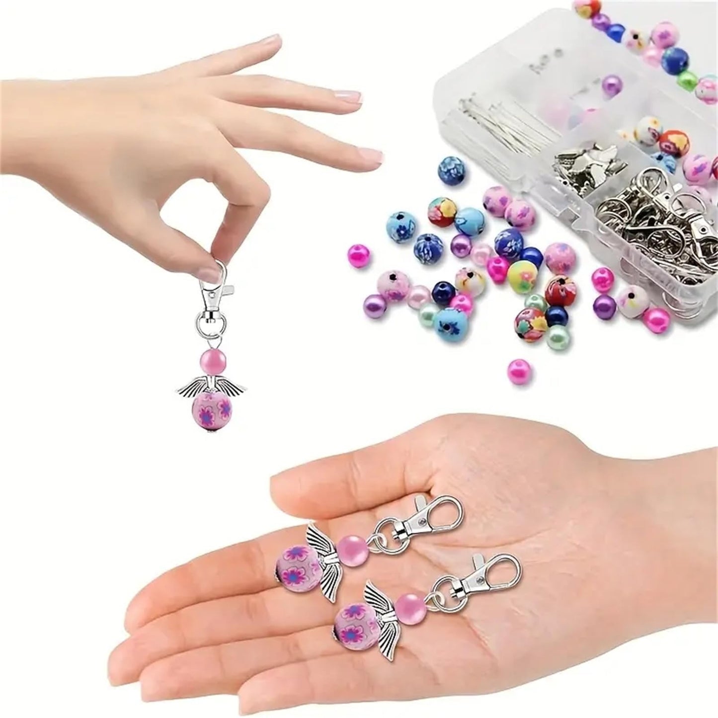 180Pcs DIY Angel Pendant Keychains Kit Includes Alloy Wing Spacer Imitated Bead Pendant Lobster Buckle Claw Clasps and Pliers Jewelry Making Supplies Repair Tools Kit for Women Adults (Flowers Beads)
