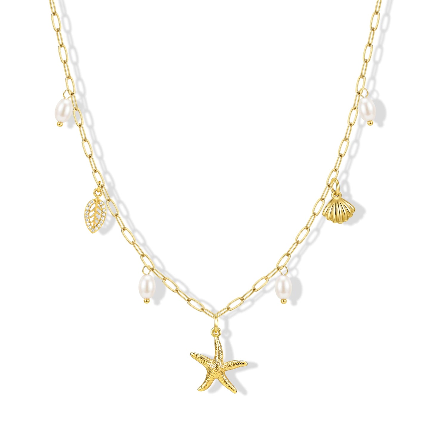 Zeffy Charm Necklace for Women - Dainty Paperclip Beach Charm Necklaces Cute Shell Necklace Starfish Leaf Pendant FreshwaterPearl Necklace Accessory Beach Preppy Stuff Ocean Summer Jewelry