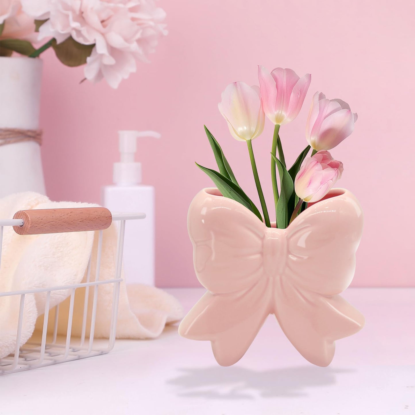 Coquette Vase Bow Ceramic Pen Holder Makeup Brush Holder, Contemporary Design Decorative Women Gifts for Home Office Shelf Table Living Room Classic Pink