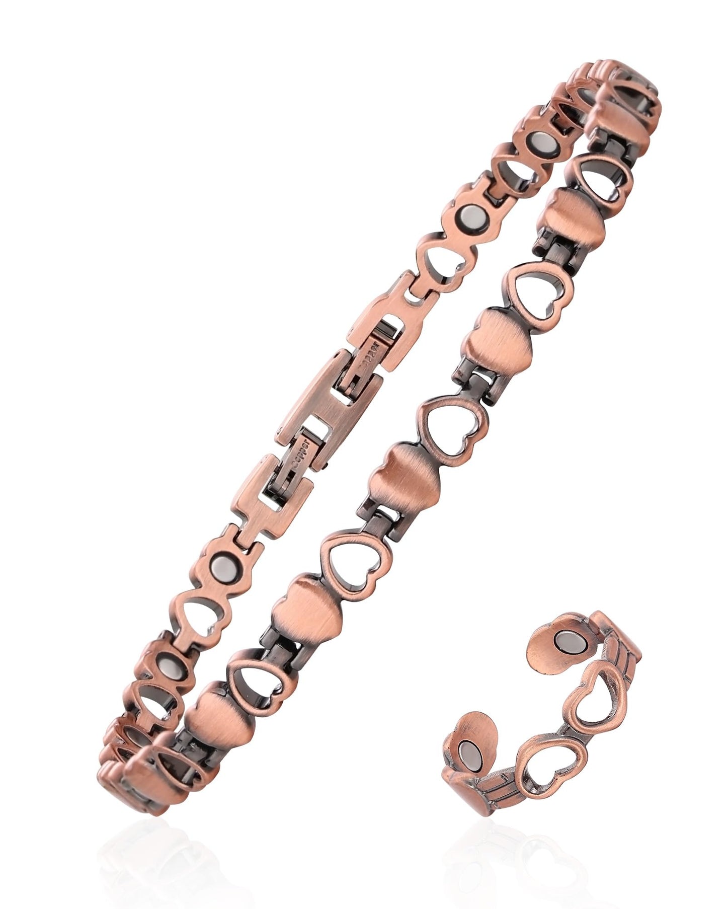 Fashtour Copper Anklet and Ring Set for Women, 99.9% Pure Copper Magnetic Ankle Bracelet with 3500 Gauss Magnets, Adjustable Jewelry Gift (Heart Degisn)