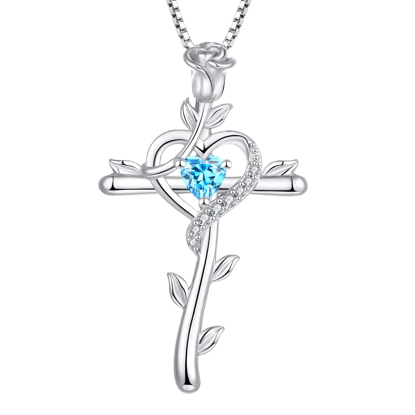 STARCHENIE Rose Cross Necklace 925 Sterling Silver Heart Crucifix Pendant Created Aquamarine Jewelry for Women