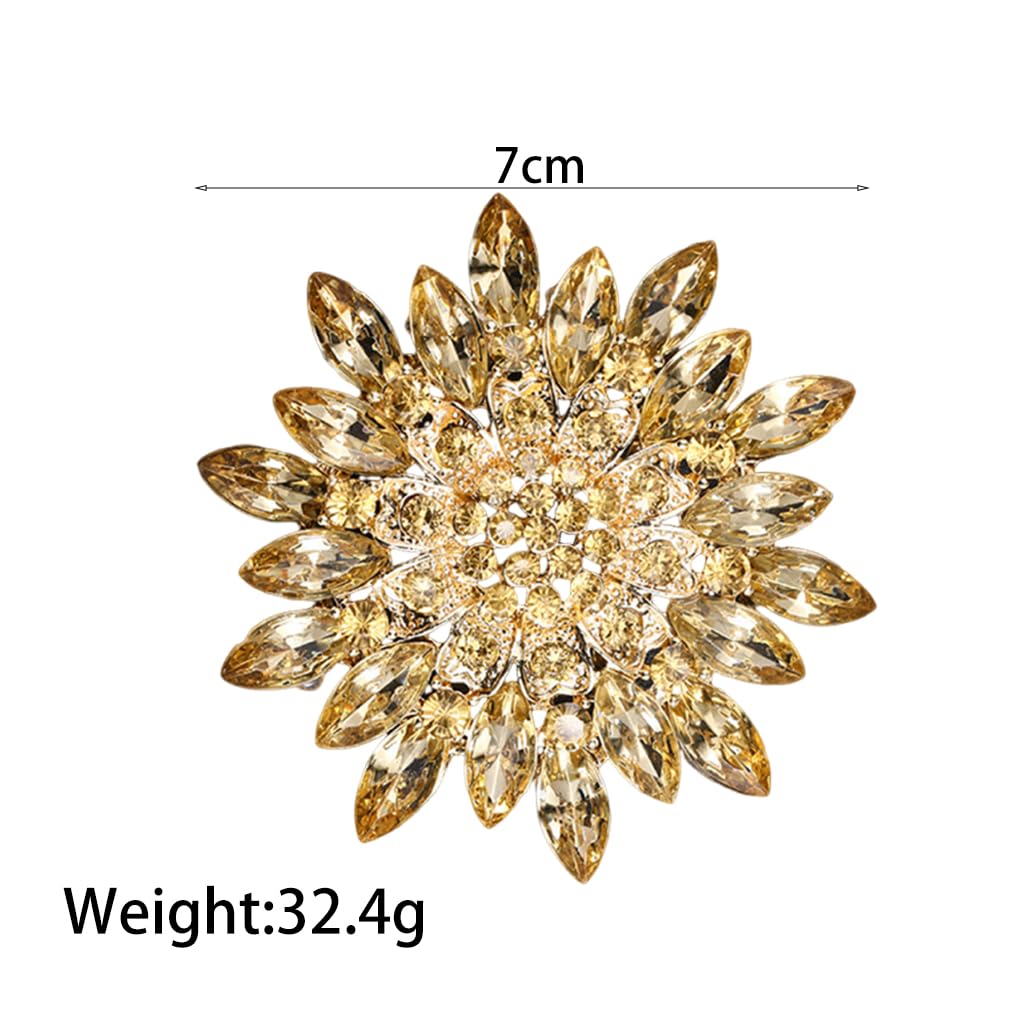 Rhinestone Large Flower Brooches Pins for Women Fashion Sparkly Crystal Sunflower Statement Brooch Unique Wedding Party Suit Dress Jewelry Accessories (Yellow)