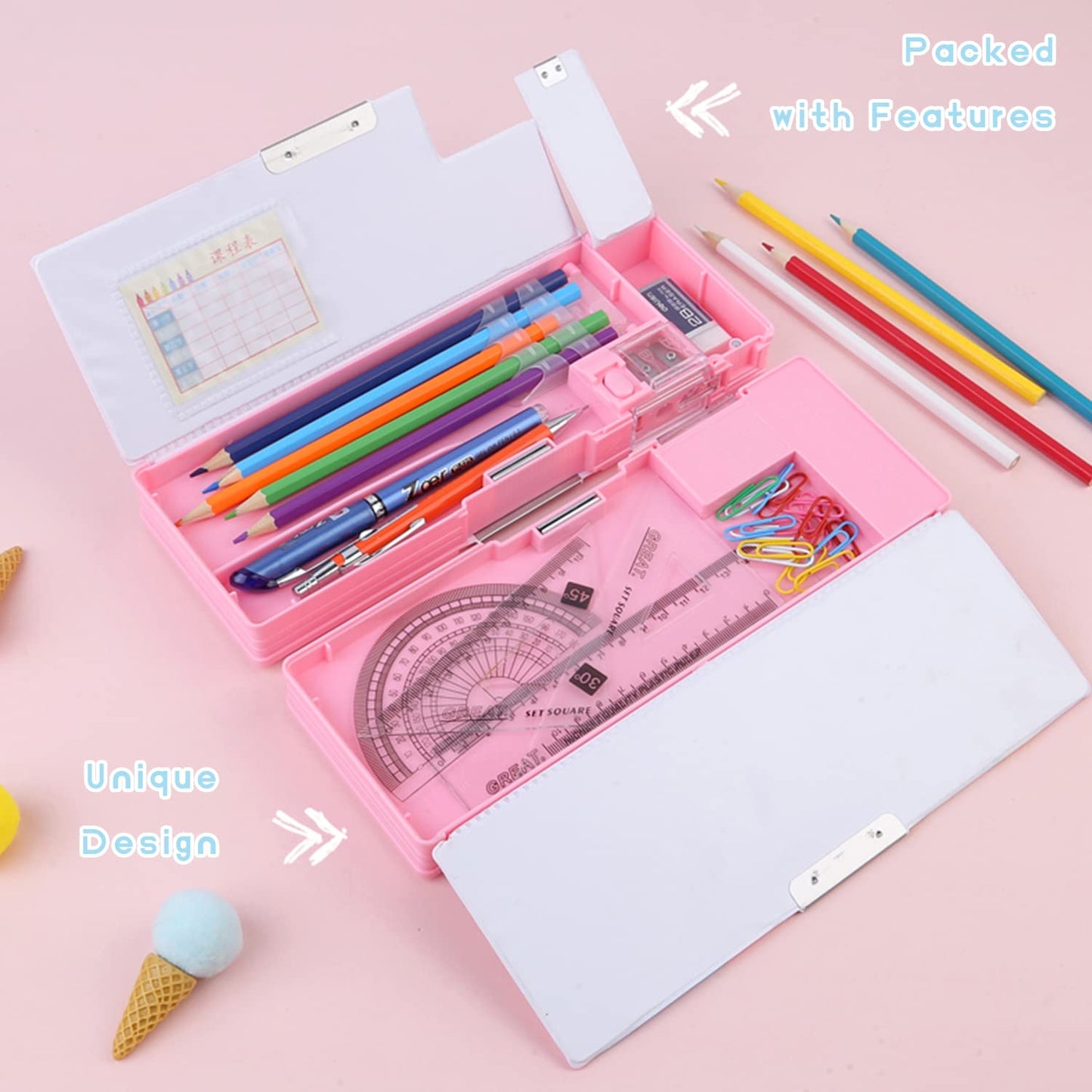 LilyBeauty Pop Up Multifunction Pencil Case for Girls and Boys, Cute Cartoon Pen Box Organizer Stationery with Sharpener, Schedule, School Supplies, Best Birthday Gifts for Kids【Pink-Dream Planet】