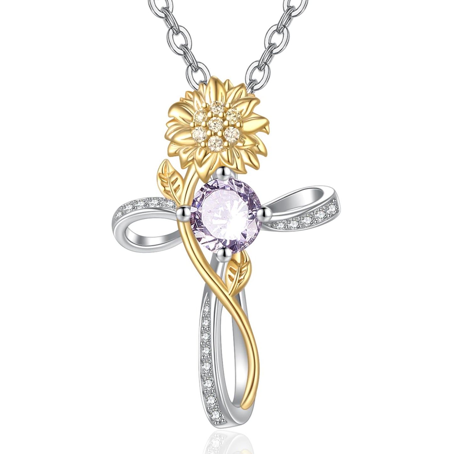 Cross Necklace for Women Sterling Silver Cross Pendant Jewelry with Sunflower Alexandrite June Birthstone Necklace Christian Religious Baptism First Communion Confirmation Birthday Gifts for Women