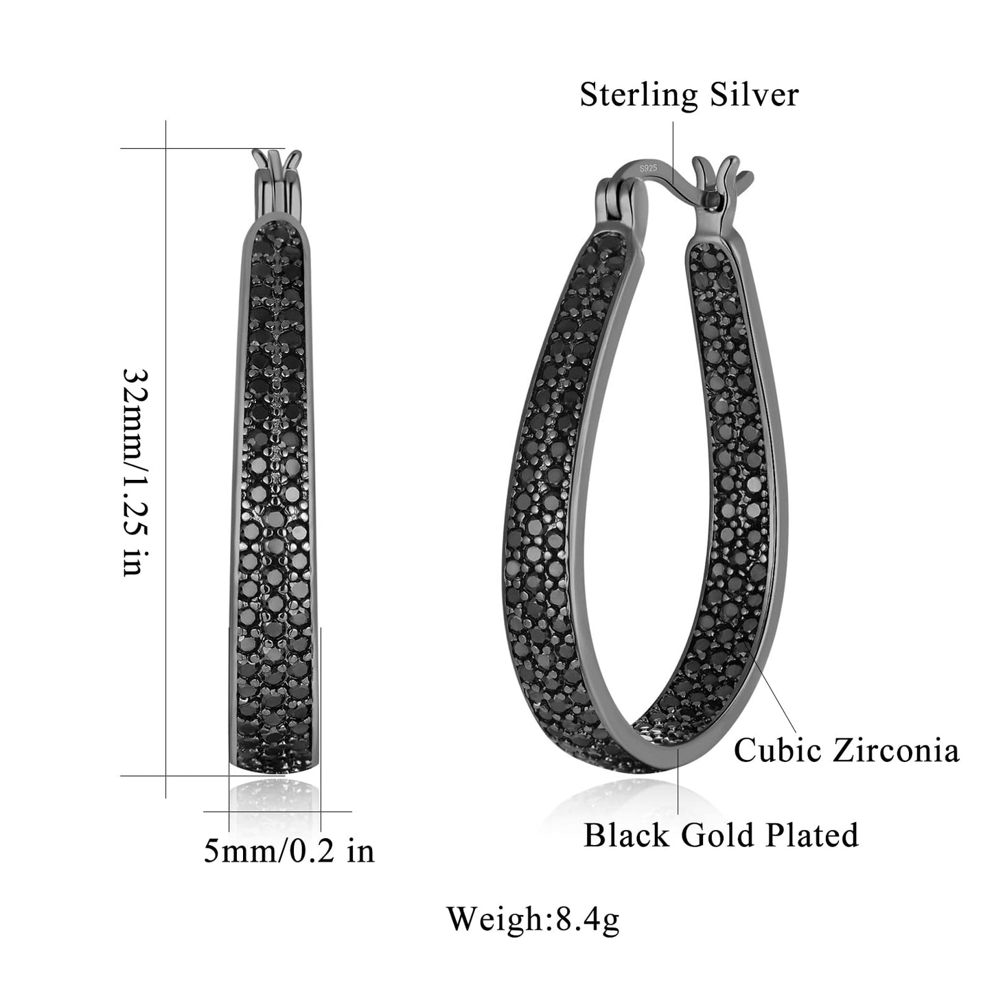 CiNily Black Gold Plated Big Cubic Zirconia Hoop Earrings for Women 925 Sterling Silver Post Large Oval Chunky Gemstone Hoop Earrings