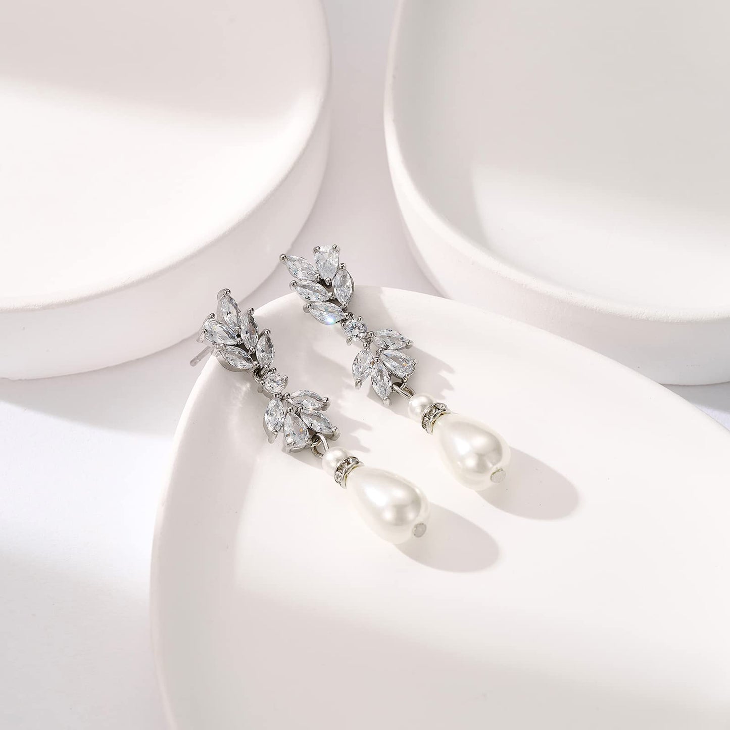 SWEETV Teardrop Pearl Wedding Bridal Earrings for Brides Birdesmaids, Pearl Drop Earrings for Women,Crystal Rhinestones Cubic Zirconia Dangling Earrings