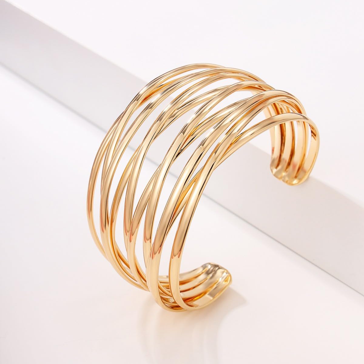SELFWIMG Gold Cuff Bangle Bracelet for Women Trendy 18K Gold Plated Multi-layer Wire Warp Bangle Bracelet Wide Open Chunky Cuff Bracelets Boho Twisted Wrist Jewelry Gifts