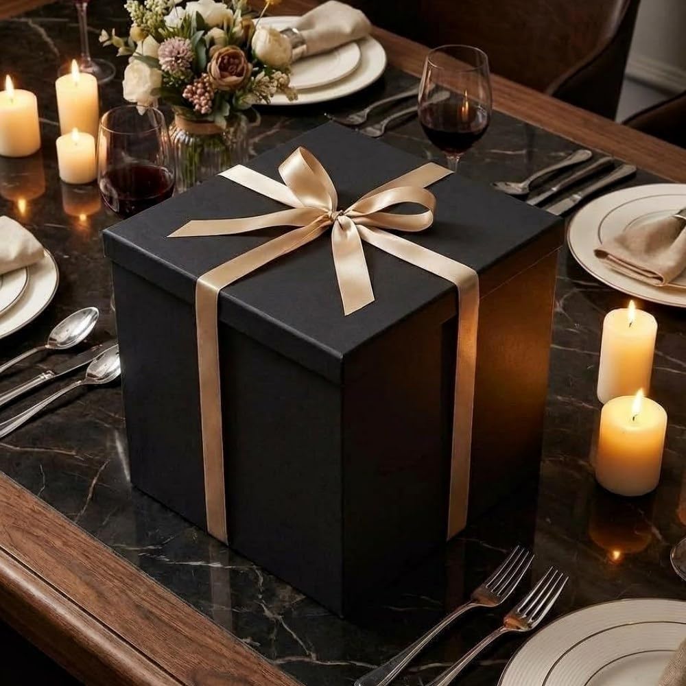 UoeRing Matte Black Large Gift Box 1Pcs 12x12x11 Inch,Gift Box with Lid for Presents Birthdays,Christmas Valentine's Day,Mother's Day, with Ribbon Card Envelope Shredded Paper Fill