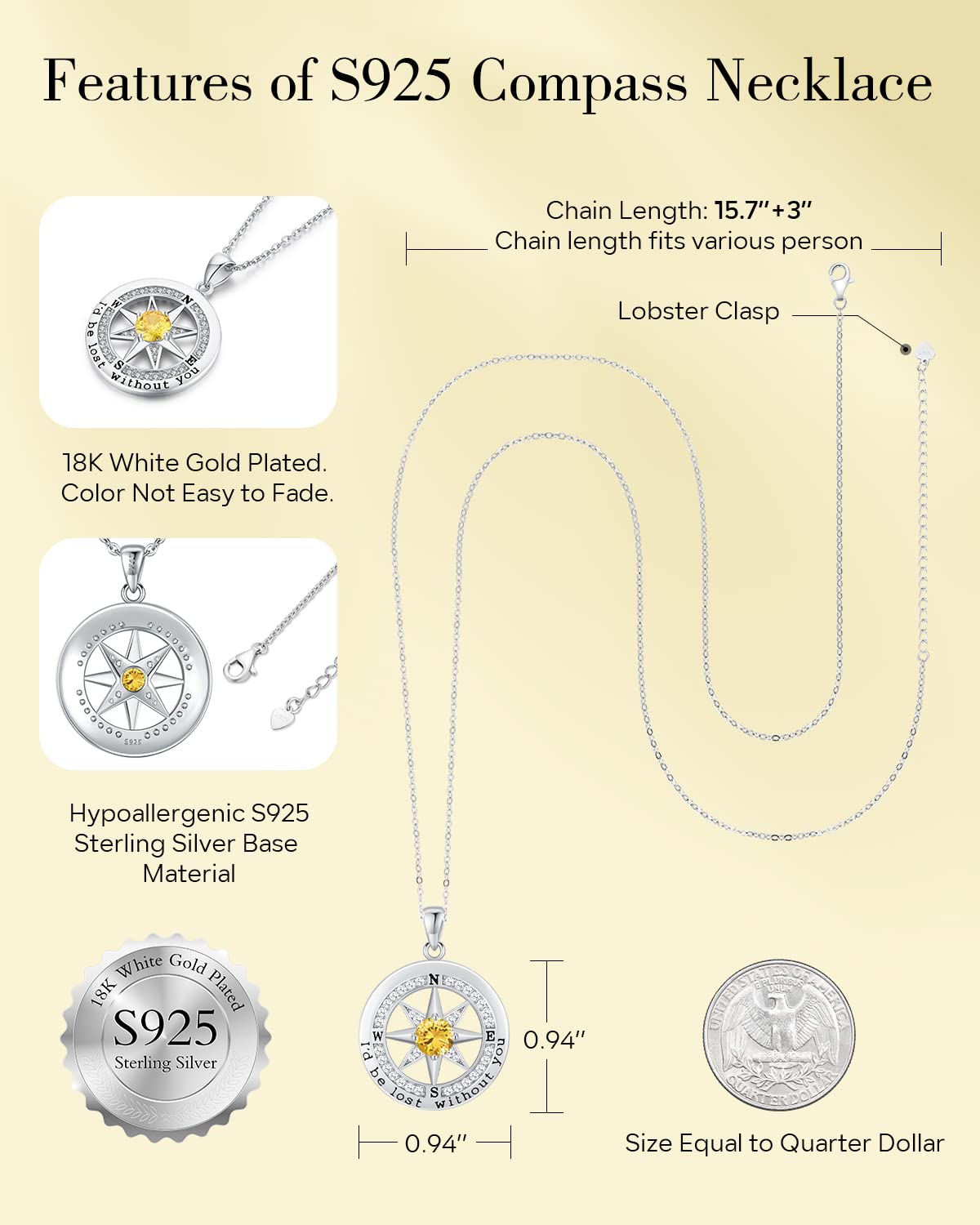 S925 Sterling Silver Necklace for Wife, Women Anniversary Year Gifts Compass Jewelry, Birthday Gift Ideas for Her Girlfriend Woman Necklaces, 18K White Gold November