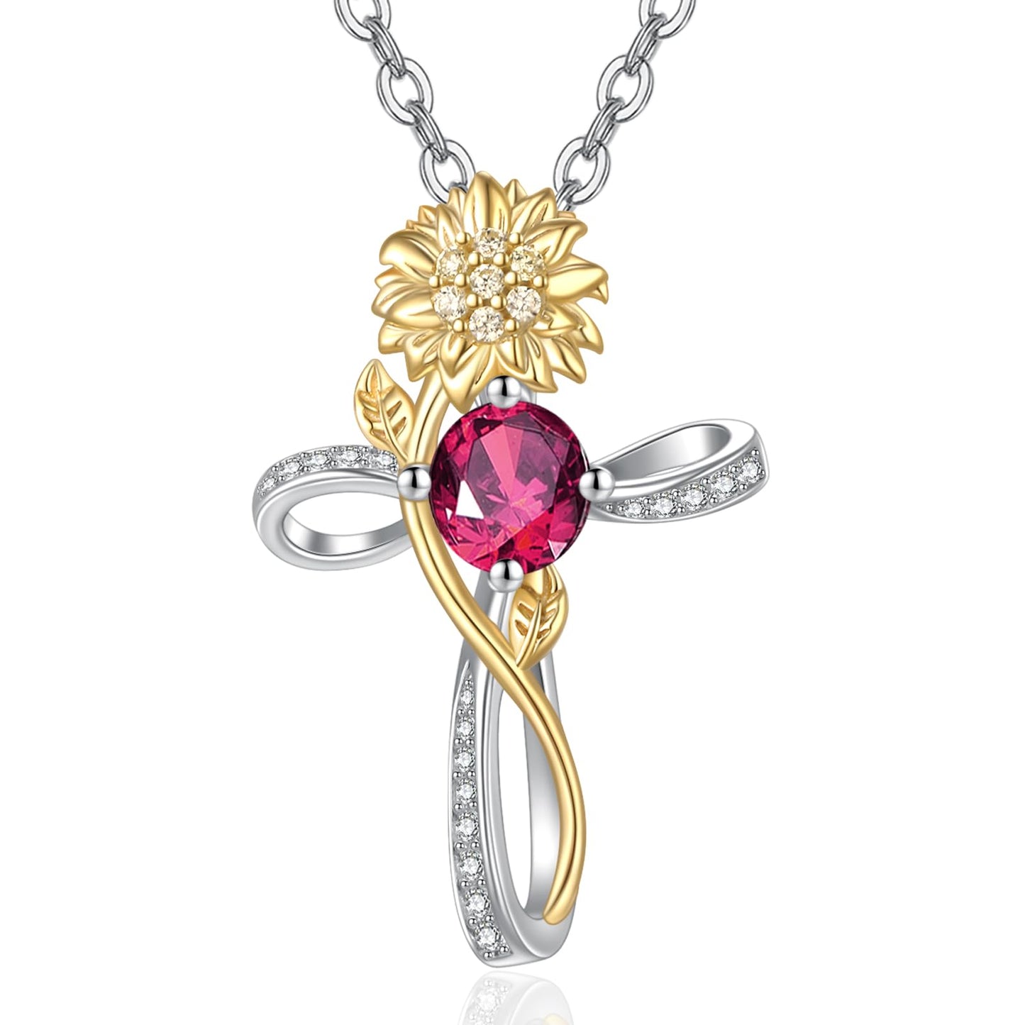 Zeuslia Cross Necklace for Women Sterling Silver Cross Pendant Jewelry with Sunflower Ruby July Birthstone Necklace Christian Religious Baptism First Communion Confirmation Birthday Gifts for Women