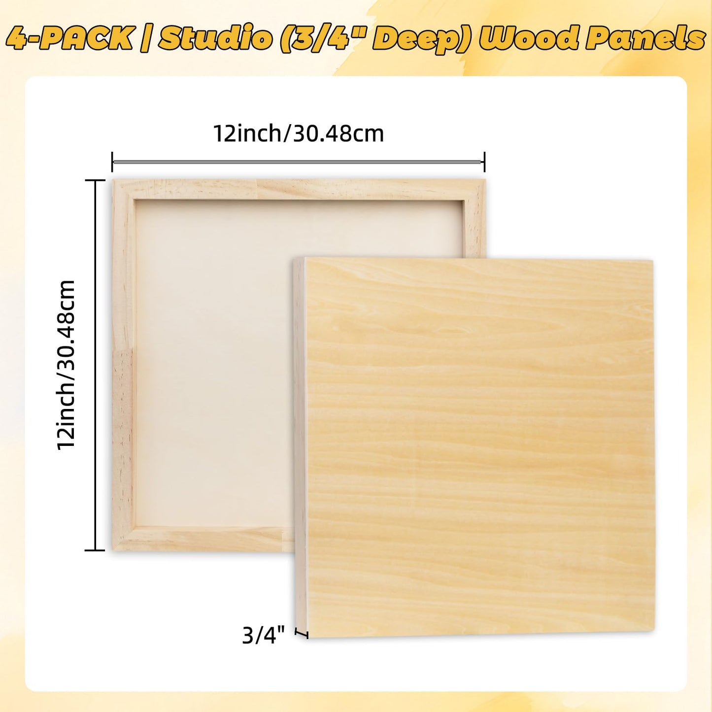 4 Pack 12x12 Basswood Wood Canvas Board – Studio 3/4'' Deep Cradled Wood Panels for Painting, Crafts, Oil & Resin Art - Sturdy Wood Painting Boards for Artists and DIY Crafters