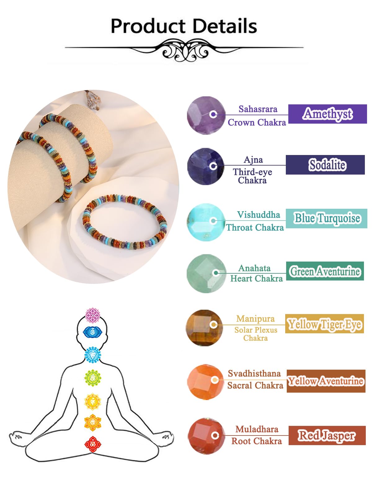 Top Plaza Chakra Crystal Bracelets for Women Natural Semi-Precious Gemstone Beaded Stretch Bracelet Spiritual Jewelry Gifts for Mom