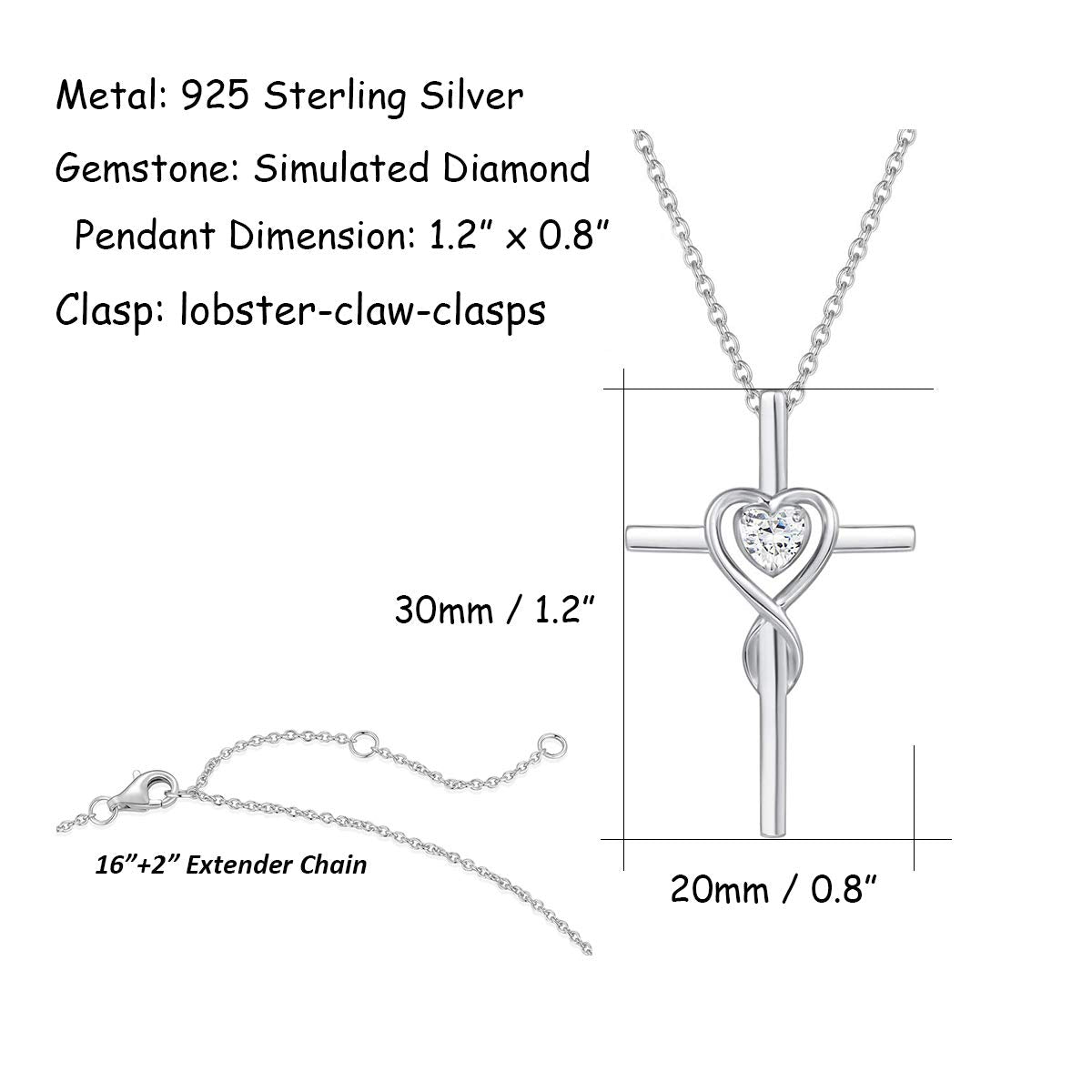 FANCIME Cross Necklace For Women Sterling Silver Birthstone Necklace Simulated Diamond Infinity Heart Cross Pendant April Birthstone Jewelry Gifts for Women