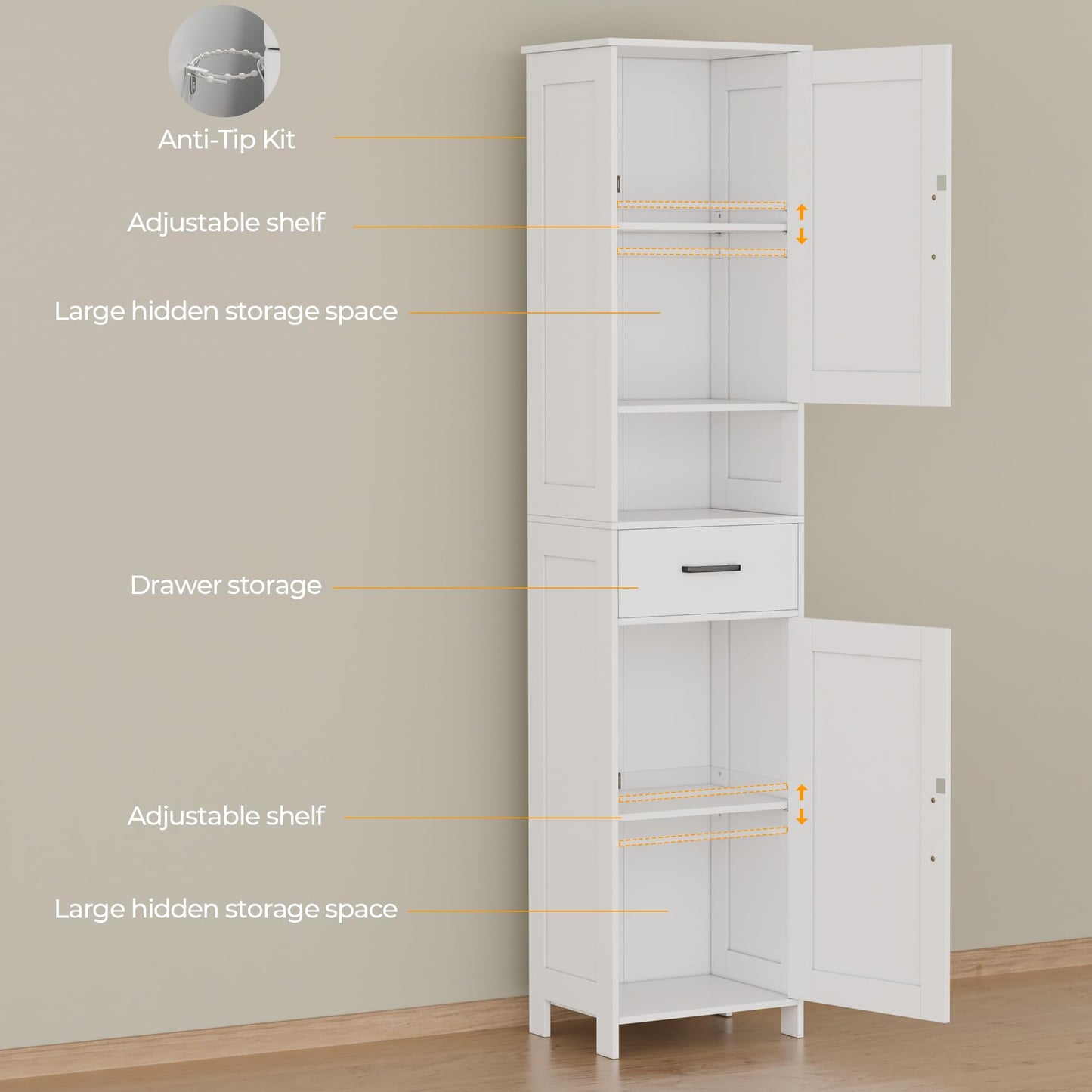 Homhedy 67" H Tall Bathroom Storage Cabinet with 2 Barn Doors and 1 Drawer, Narrow Storage Unit, Adjustable Shelves, Floor Cabinet for Bathroom, Living Room, Entryway, Kitchen, White, (15.7" W)