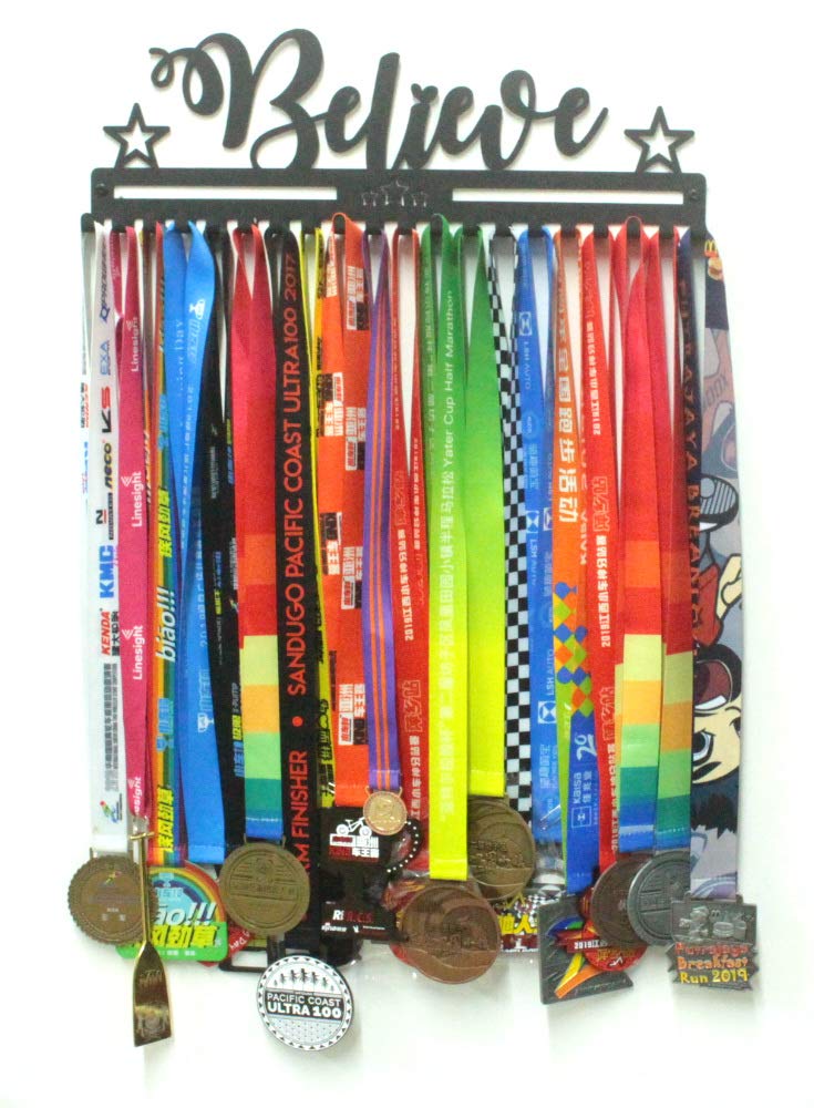 URBN BY MODERN HOME FINISHINGS 16" Metal Wall Mount 'Believe' Kids & Adults Sports Medal Hanger, Ribbon Display Holder Rack Medal Wall Hanger with Hooks, Simple Install, Great Gift (Black)
