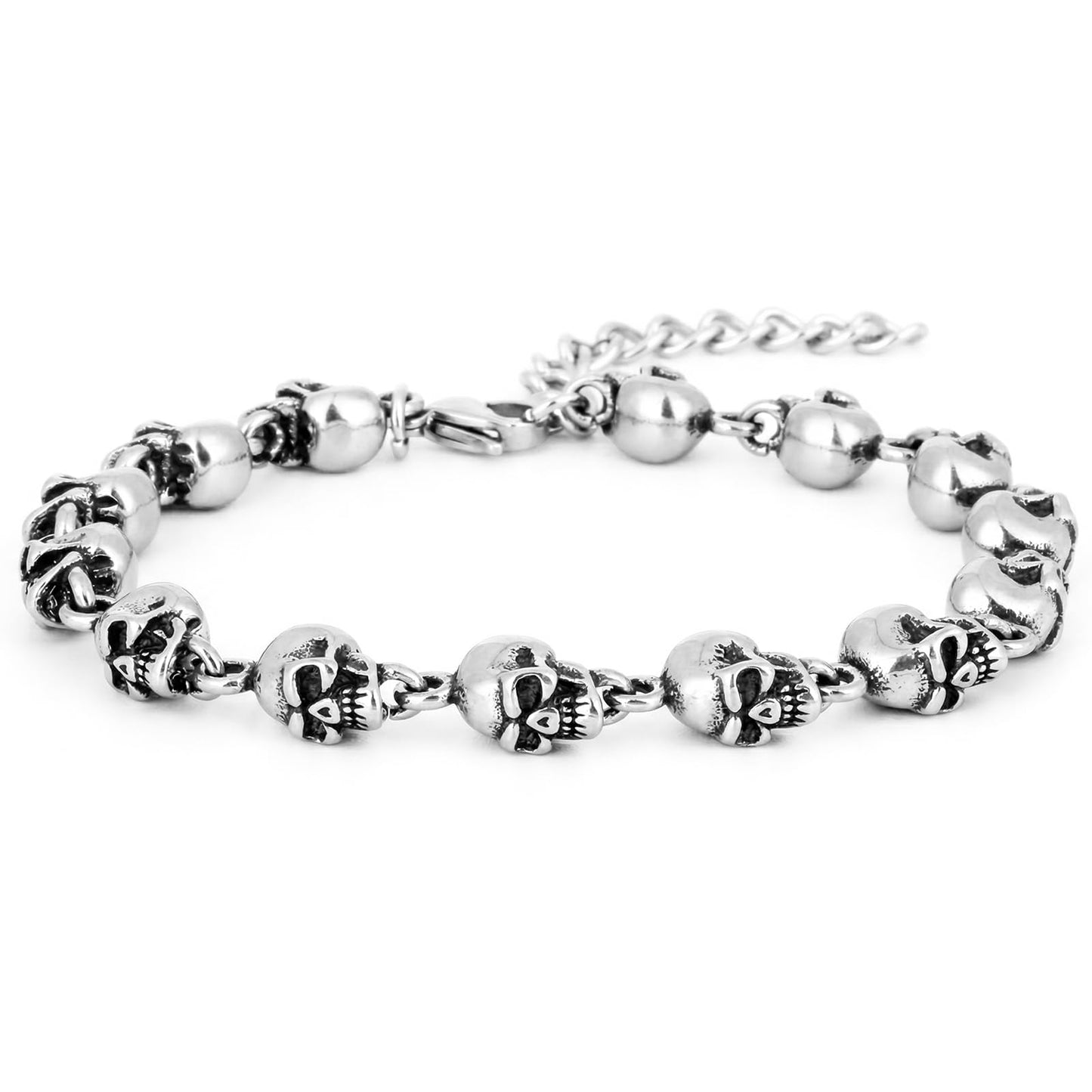 LuxGoth Stainless Steel Skull Head Bead Linked Chain Bracelet Gothic Punk Rock Biker Viking Vintage Link Curb Bracelet Jewelry for Men Silver GTS-B1B45077